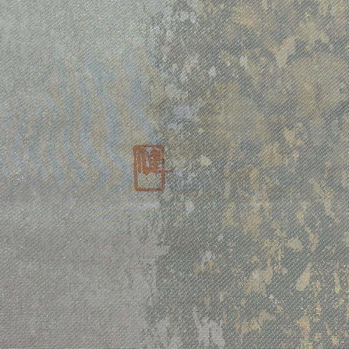 【美品】 袋帶 秀品級 附落款 風景 建築 金金箔 灰色 大鼓圖案 純蠶絲