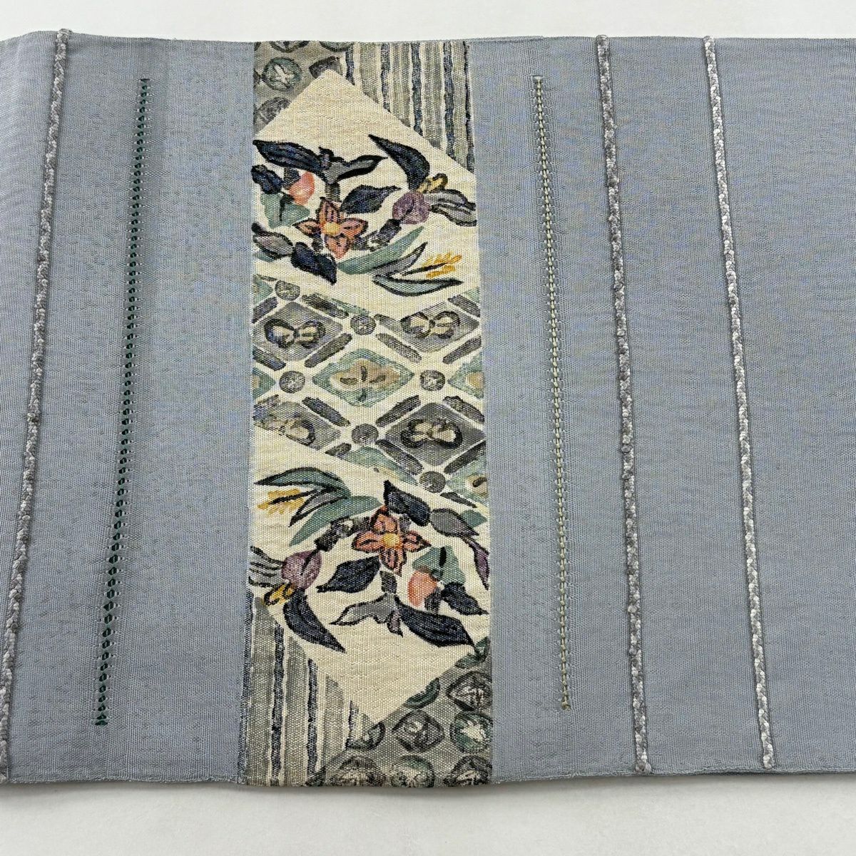 【美品】 袋帶 秀品級 紬織織 草花紋紋 縞紋 刺繡 青灰 純蠶絲