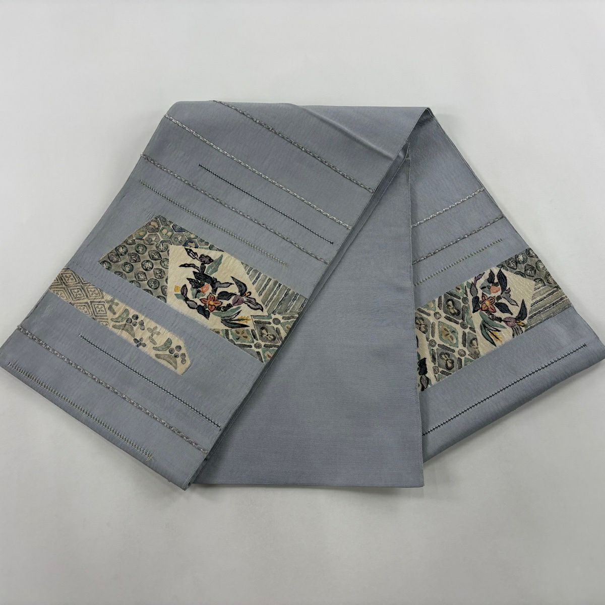 【美品】 袋帶 秀品級 紬織織 草花紋紋 縞紋 刺繡 青灰 純蠶絲
