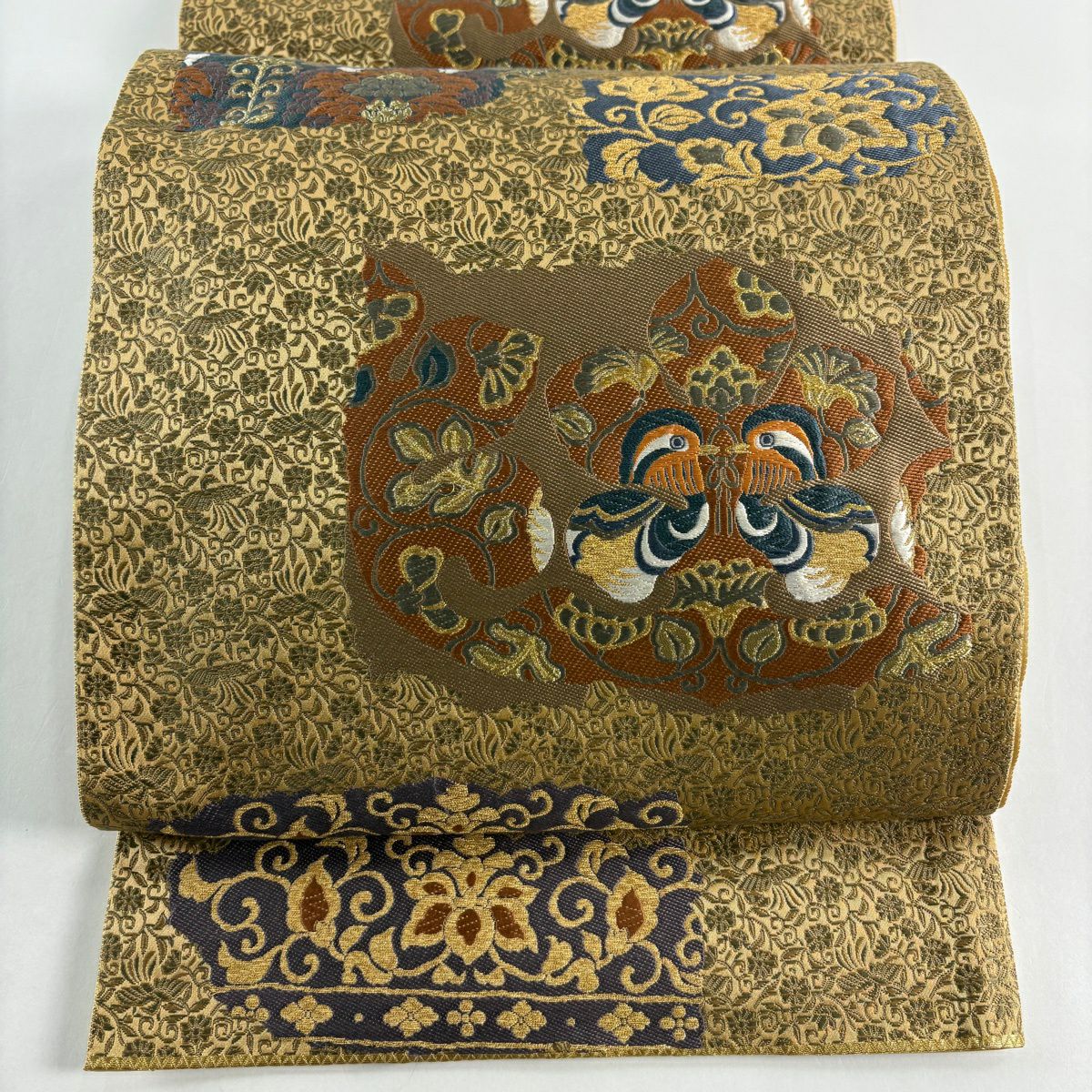 【美品】 袋帶 秀品級 關西仕立 雙面鳥 花唐草紋 金絲 山吹茶 六通 純蠶絲