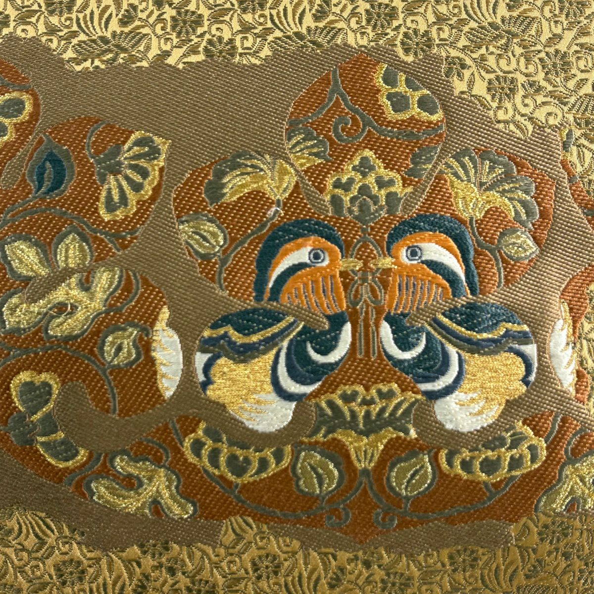 【美品】 袋帶 秀品級 關西仕立 雙面鳥 花唐草紋 金絲 山吹茶 六通 純蠶絲