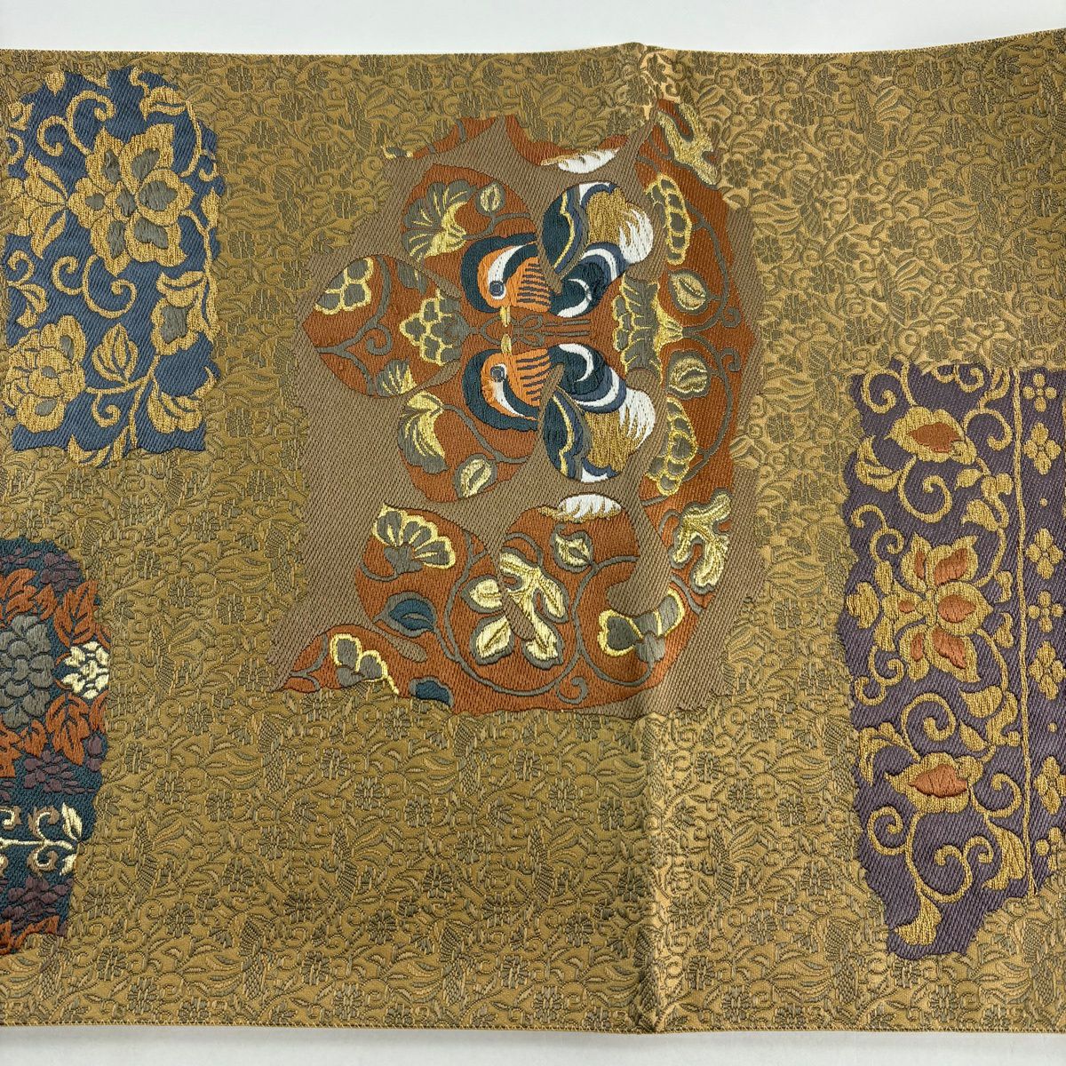 【美品】 袋帶 秀品級 關西仕立 雙面鳥 花唐草紋 金絲 山吹茶 六通 純蠶絲