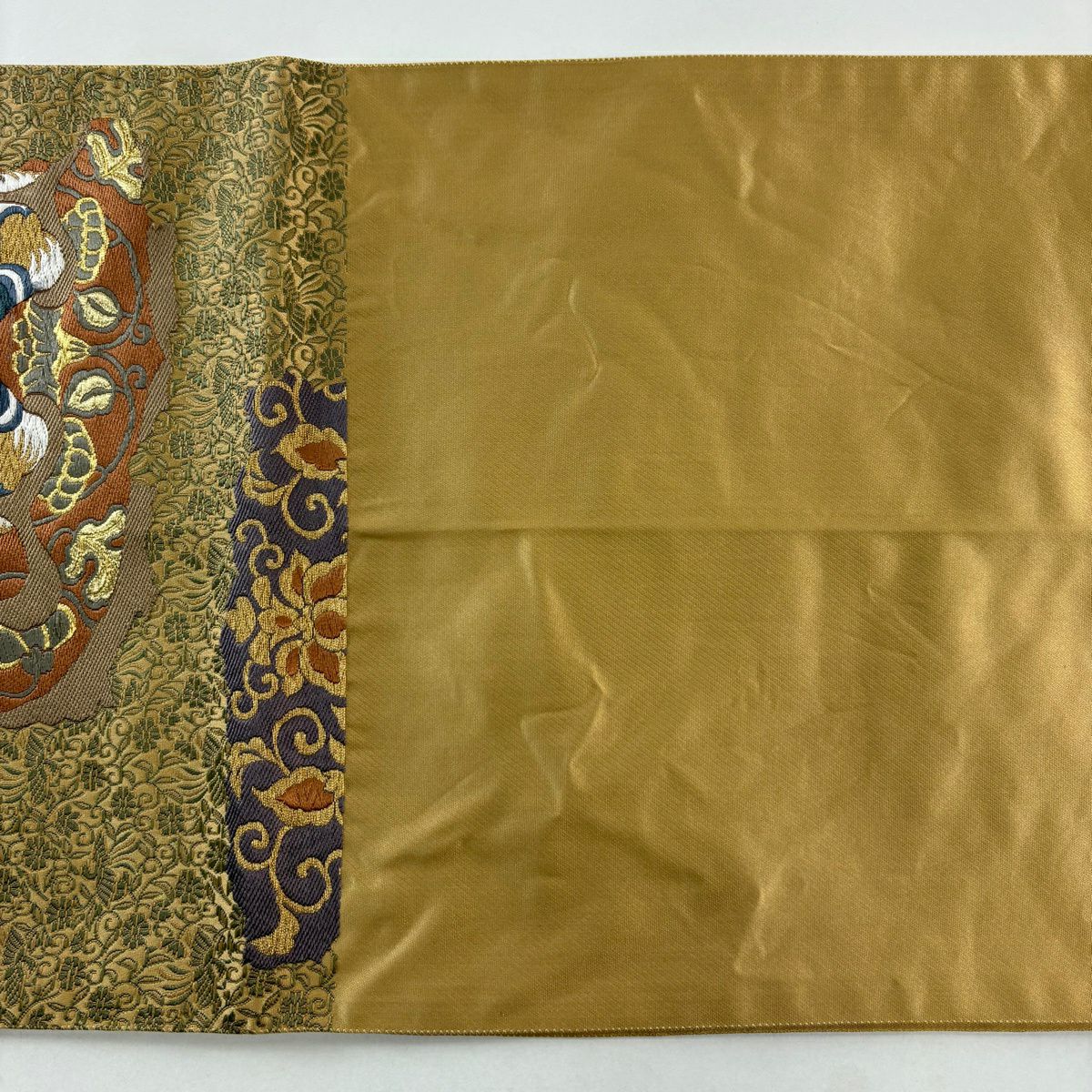 【美品】 袋帶 秀品級 關西仕立 雙面鳥 花唐草紋 金絲 山吹茶 六通 純蠶絲