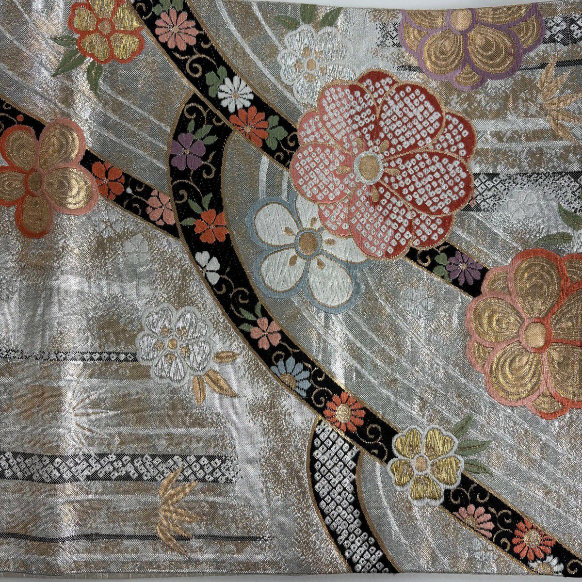 【美品】 袋帶 秀品級 梅花 竹子 金銀彩 金金箔 銀 六通 純蠶絲