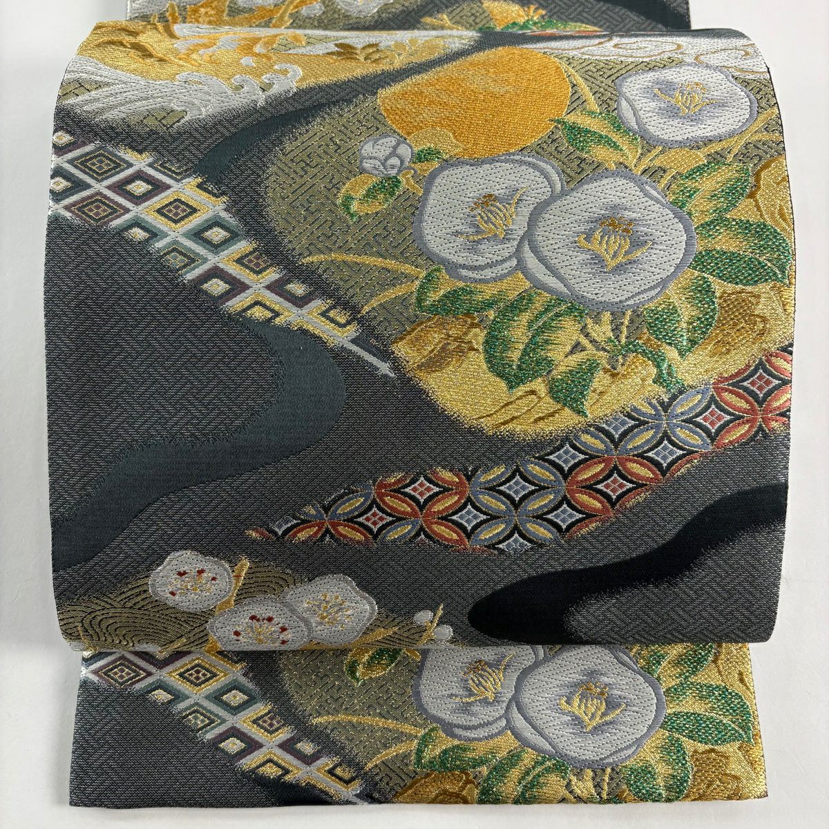 【美品】 袋帶 秀品級 椿 兔子 金銀彩 金金箔 灰色 六通 純蠶絲