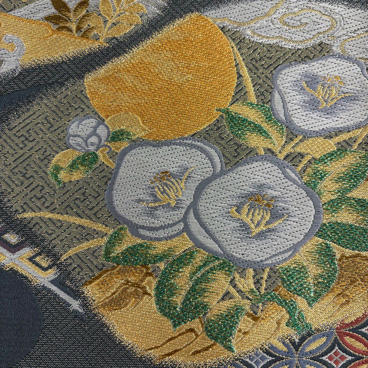 【美品】 袋帶 秀品級 椿 兔子 金銀彩 金金箔 灰色 六通 純蠶絲