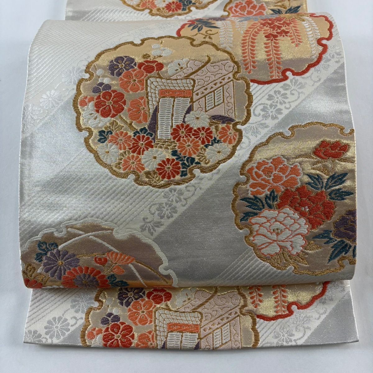 袋帶 秀品級 雪輪 草花紋 金糸 金金箔 銀 六通 純蠶絲
