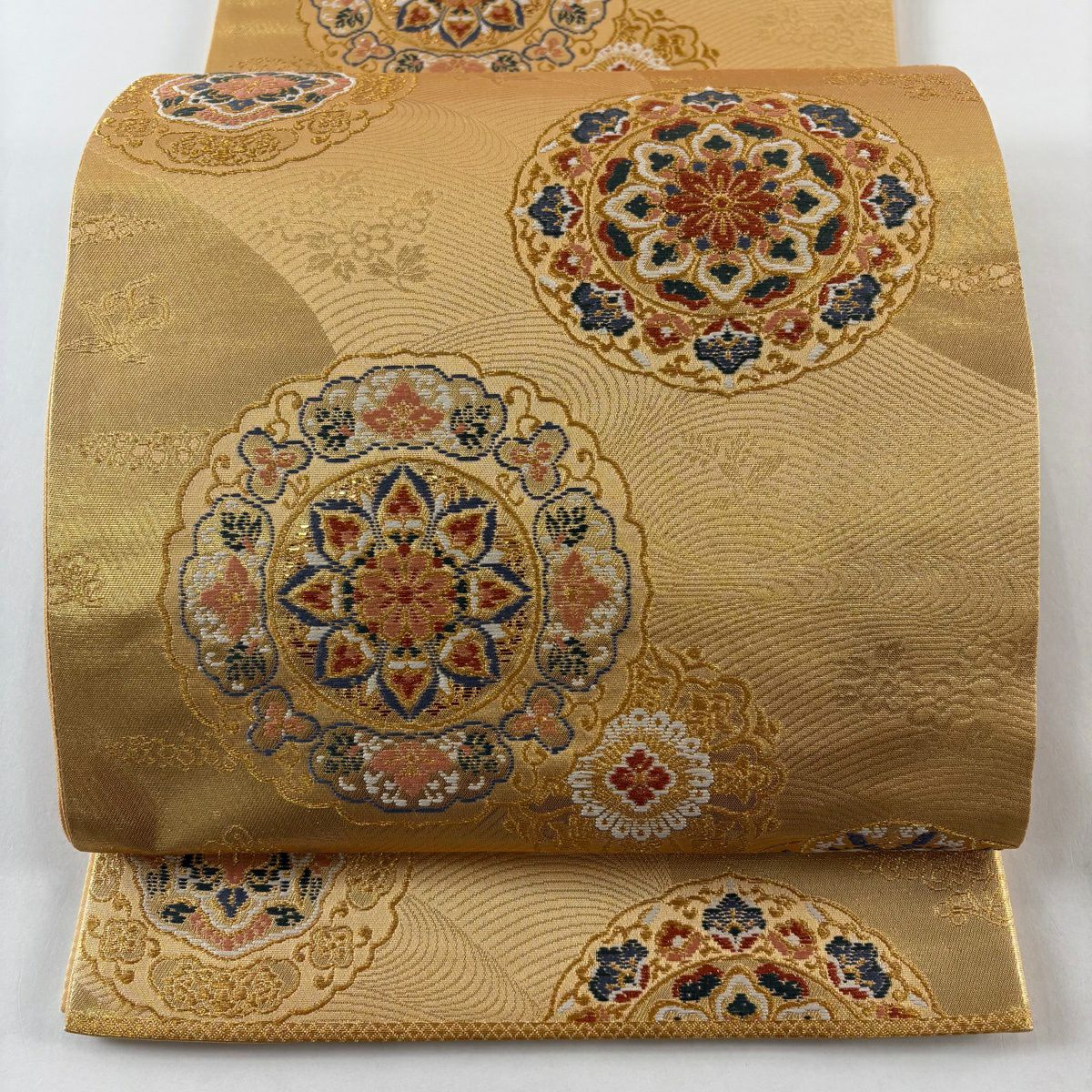 【美品】 袋帶 秀品級 華紋 波 金金箔 金色 六通 純蠶絲