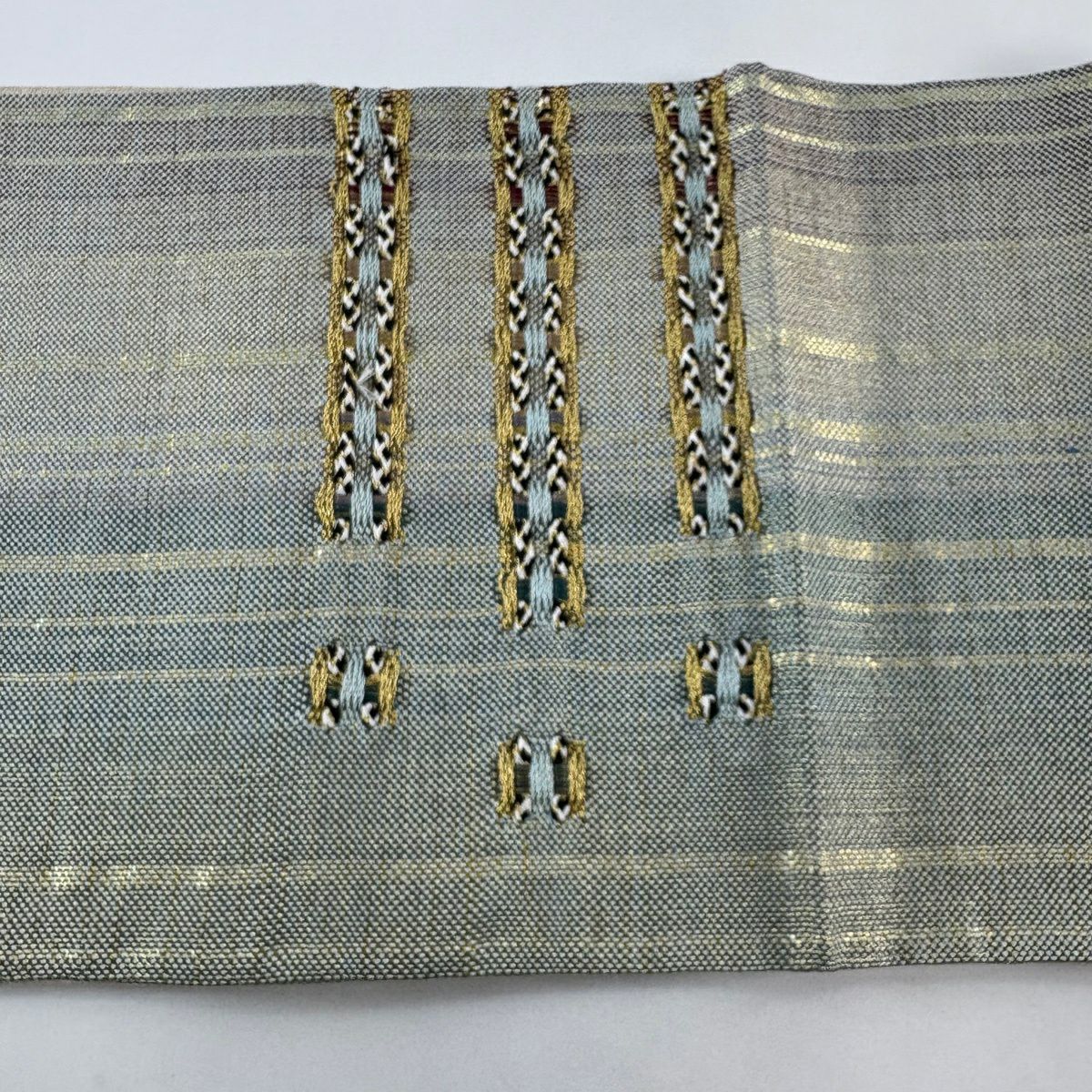袋帶 秀品級 條紋 金絲 淺綠 大鼓圖案 純蠶絲