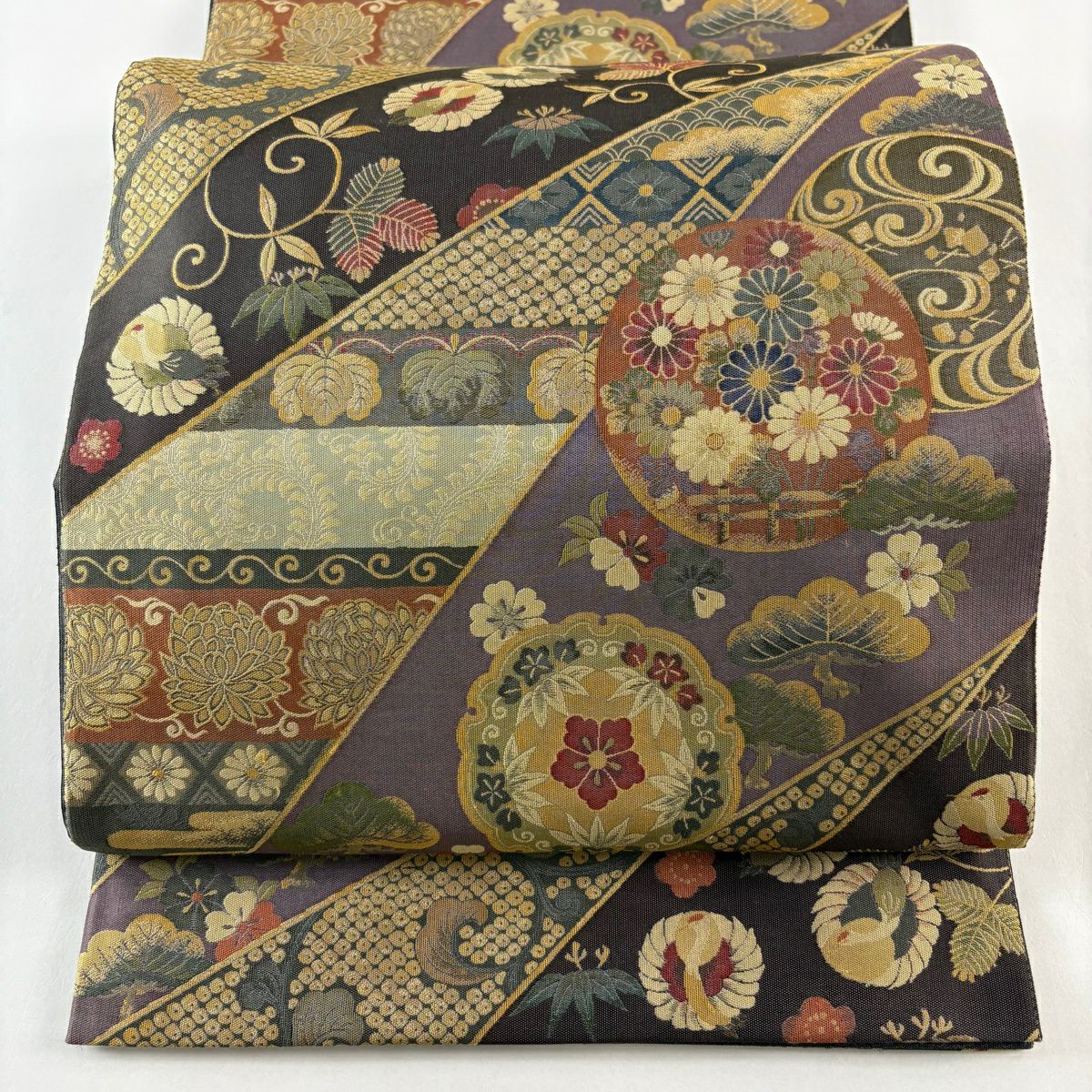 【美品】 袋帶 秀品級 松樹竹子梅花 仙鶴 墨 深藍 六通 純蠶絲