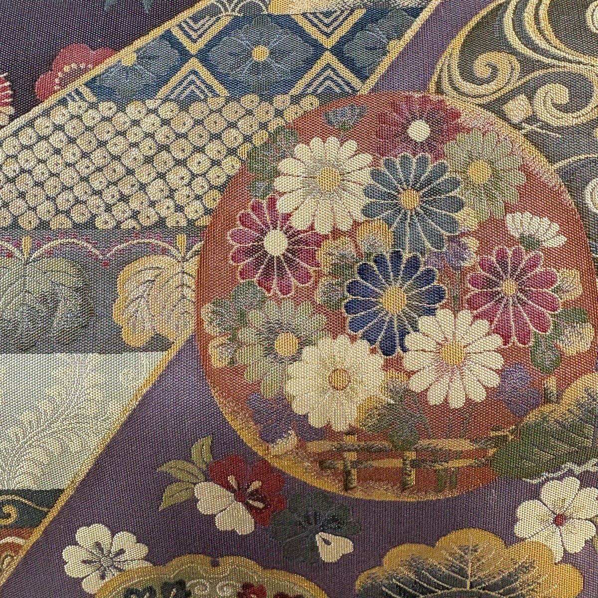 【美品】 袋帶 秀品級 松樹竹子梅花 仙鶴 墨 深藍 六通 純蠶絲