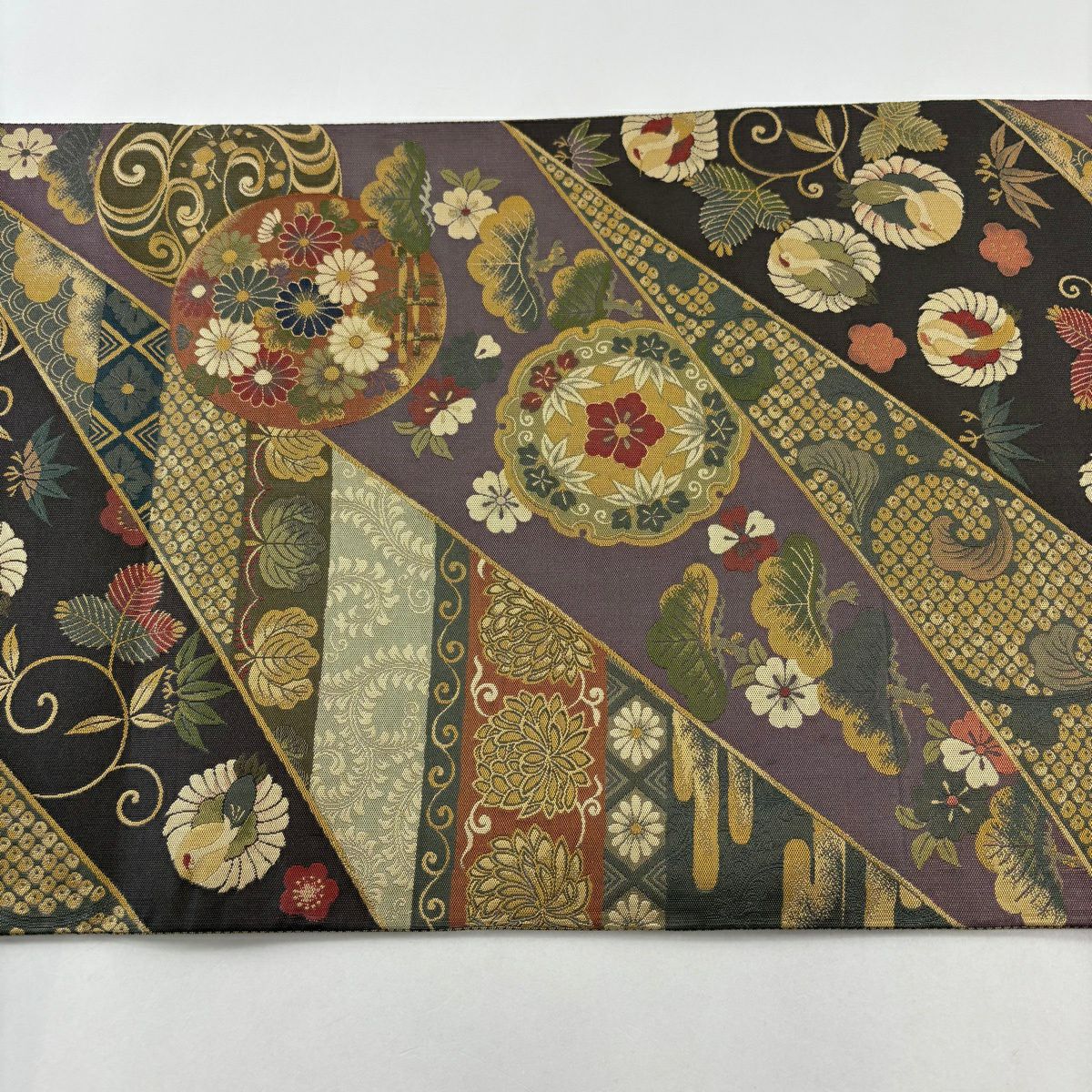 【美品】 袋帶 秀品級 松樹竹子梅花 仙鶴 墨 深藍 六通 純蠶絲