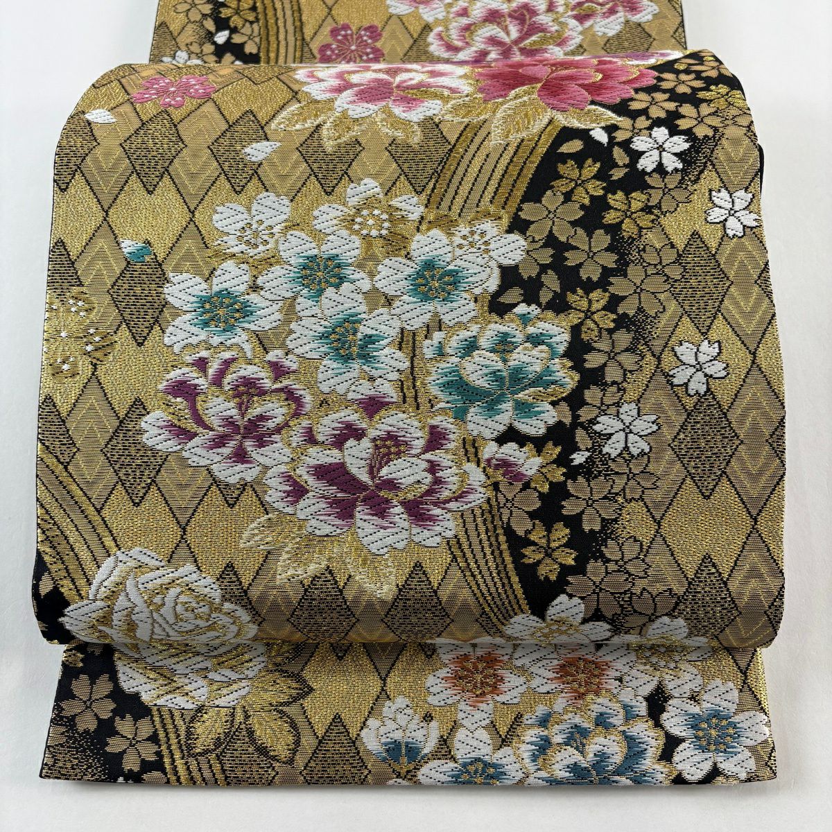 【美品】 袋帶 秀品級 草花紋紋 菱 金絲 金金箔 金色 六通 純蠶絲