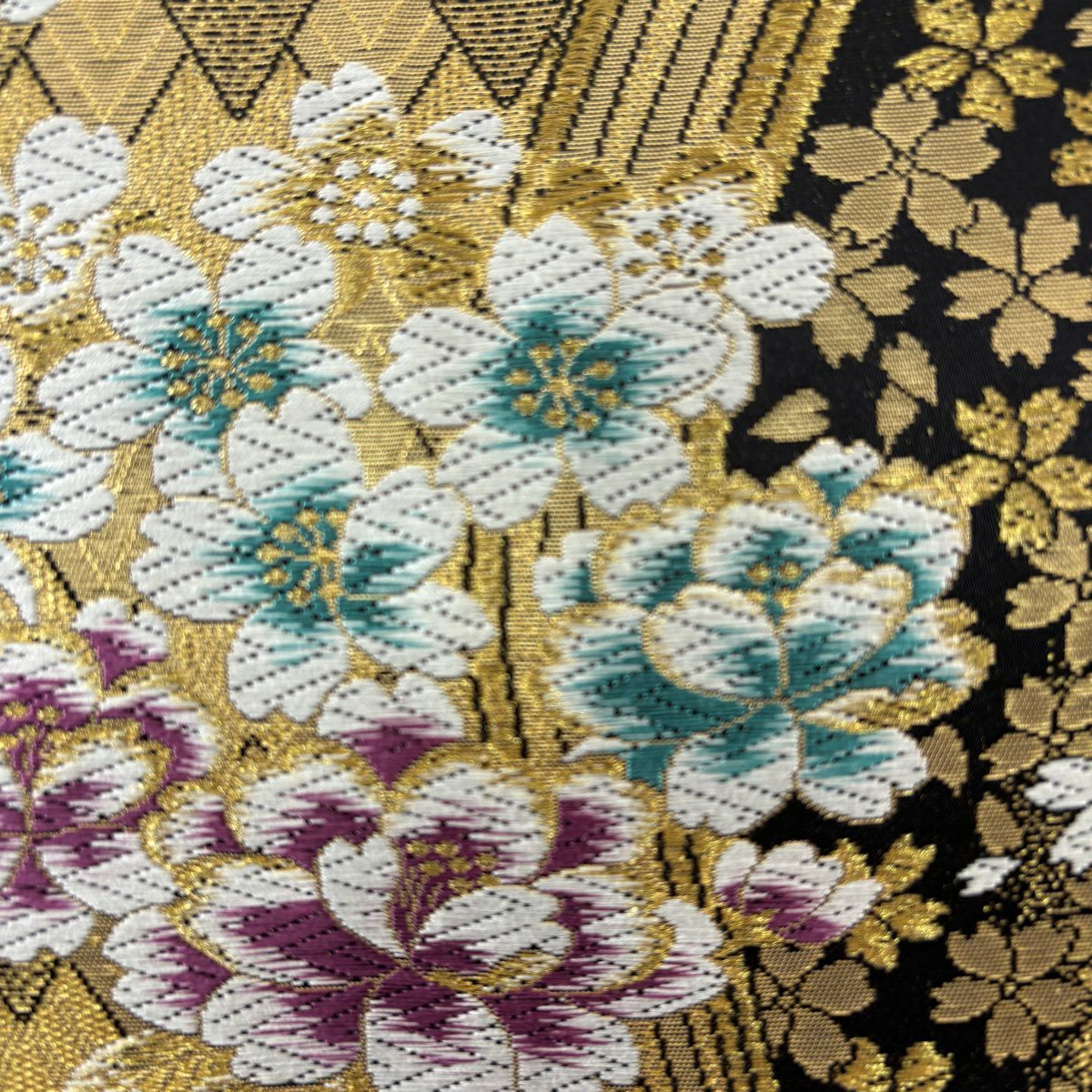 【美品】 袋帶 秀品級 草花紋紋 菱 金絲 金金箔 金色 六通 純蠶絲