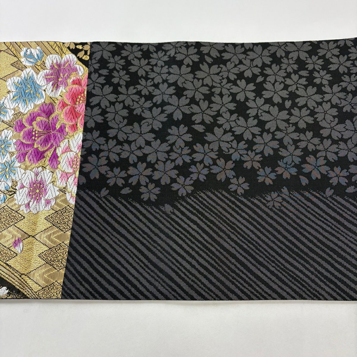 【美品】 袋帶 秀品級 草花紋紋 菱 金絲 金金箔 金色 六通 純蠶絲