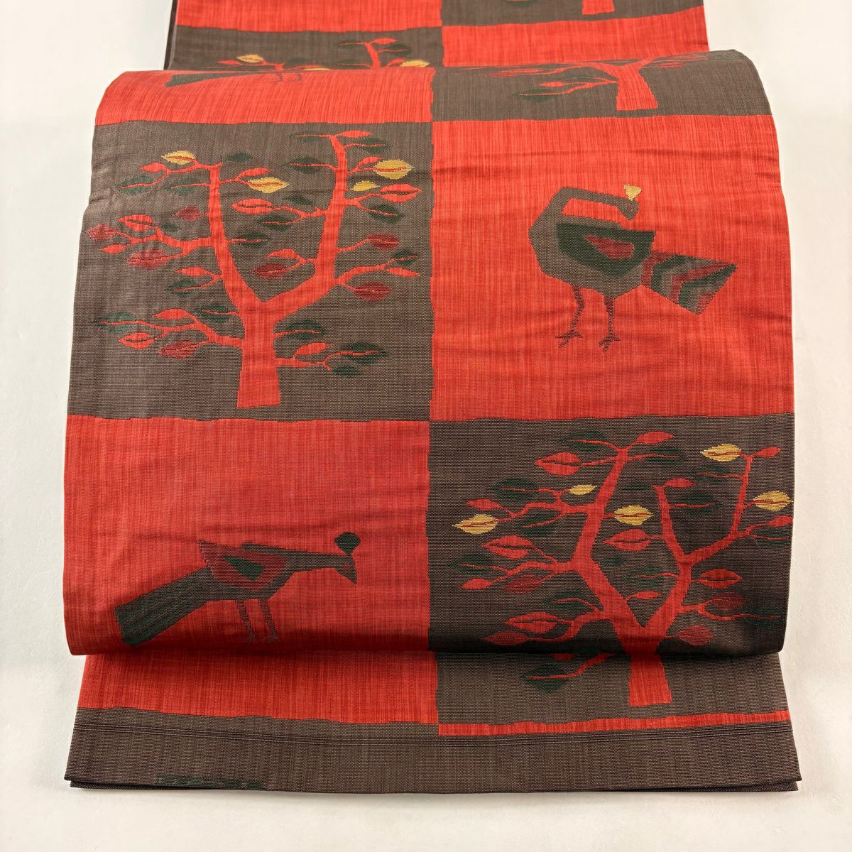 【美品】 袋帶 秀品級 木屋太 落款あり 關西仕立 鳥 樹木 茜 深藍 六通 純蠶絲