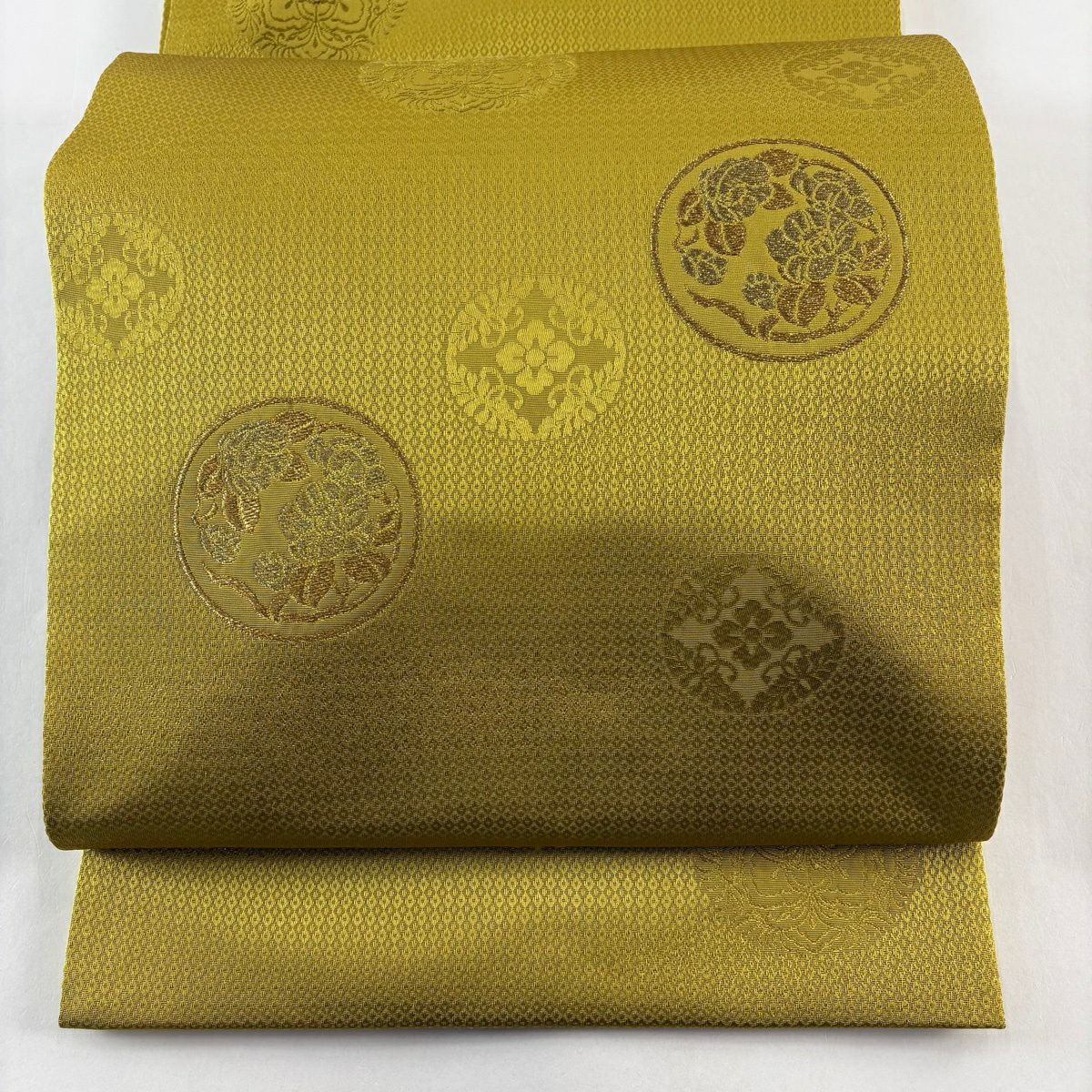 【美品】 袋帶 秀品級 圓文 草花紋 金絲 抹茶 深綠色 大鼓圖案 純蠶絲