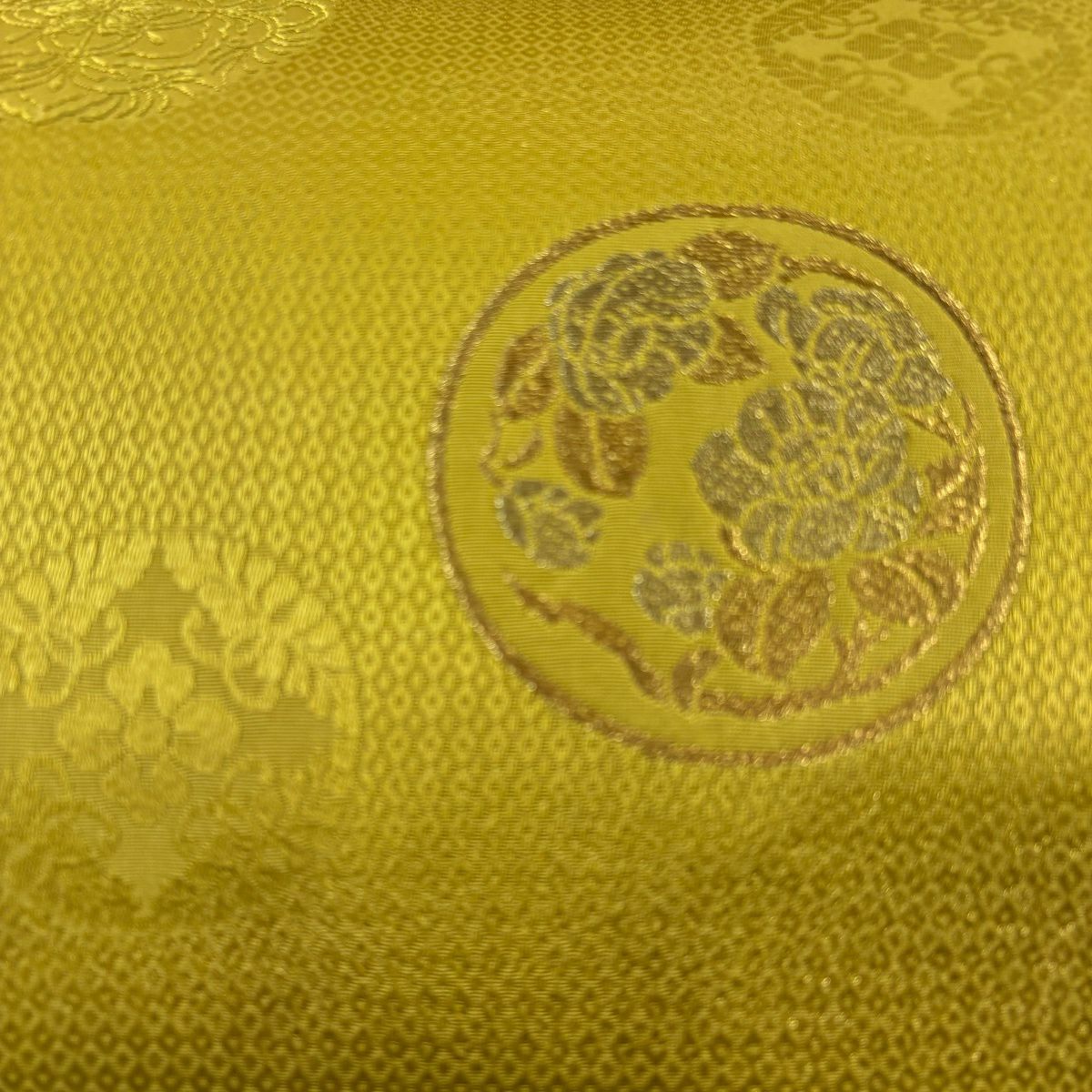 【美品】 袋帶 秀品級 圓文 草花紋 金絲 抹茶 深綠色 大鼓圖案 純蠶絲