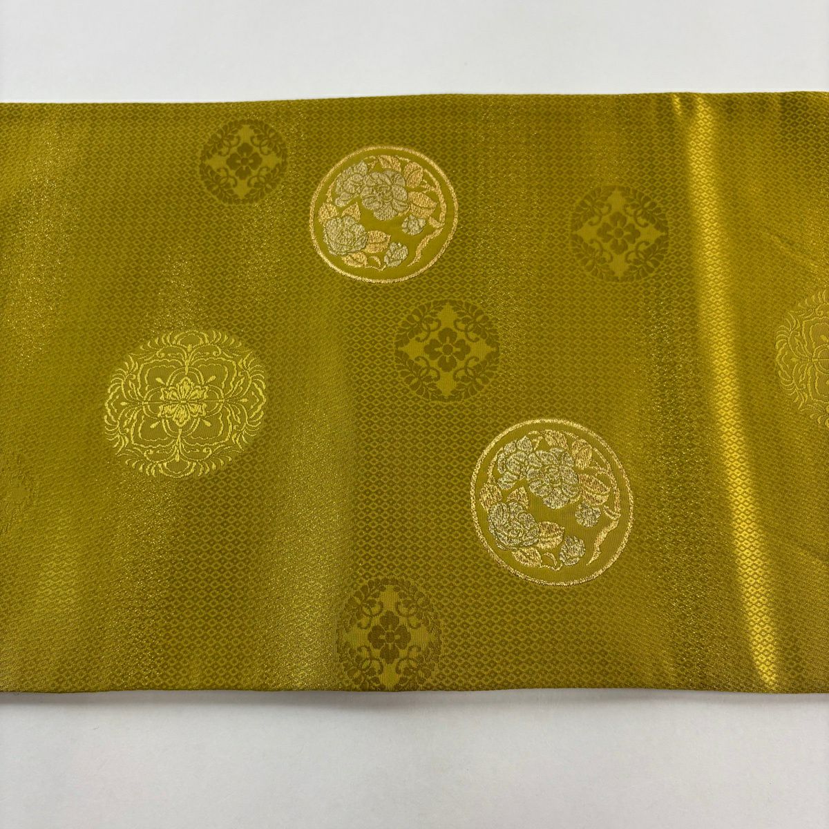 【美品】 袋帶 秀品級 圓文 草花紋 金絲 抹茶 深綠色 大鼓圖案 純蠶絲