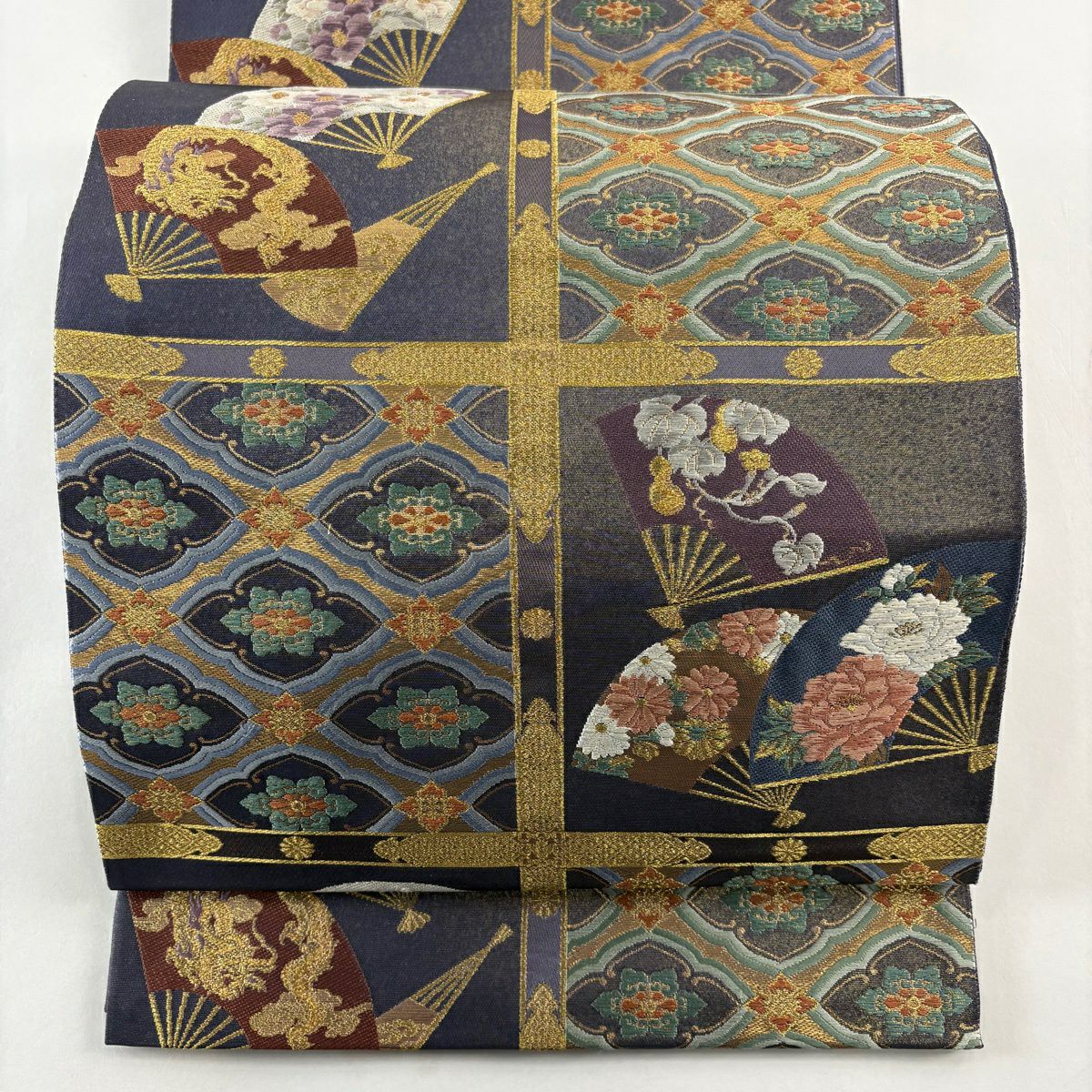 袋帶 秀品級 有落款 扇子子 格天井 金絲 金金箔 青黑 六通 純蠶絲