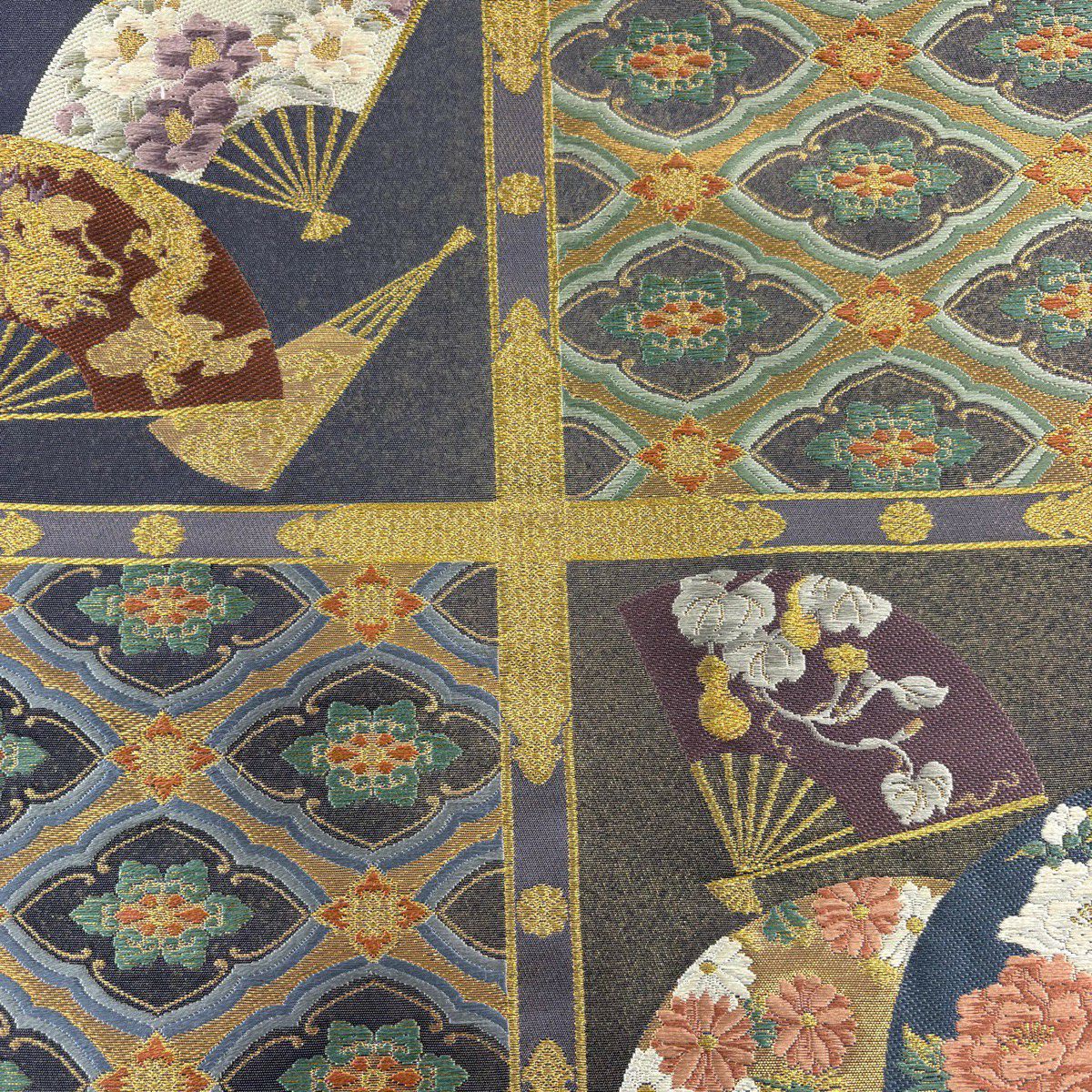 袋帶 秀品級 有落款 扇子子 格天井 金絲 金金箔 青黑 六通 純蠶絲