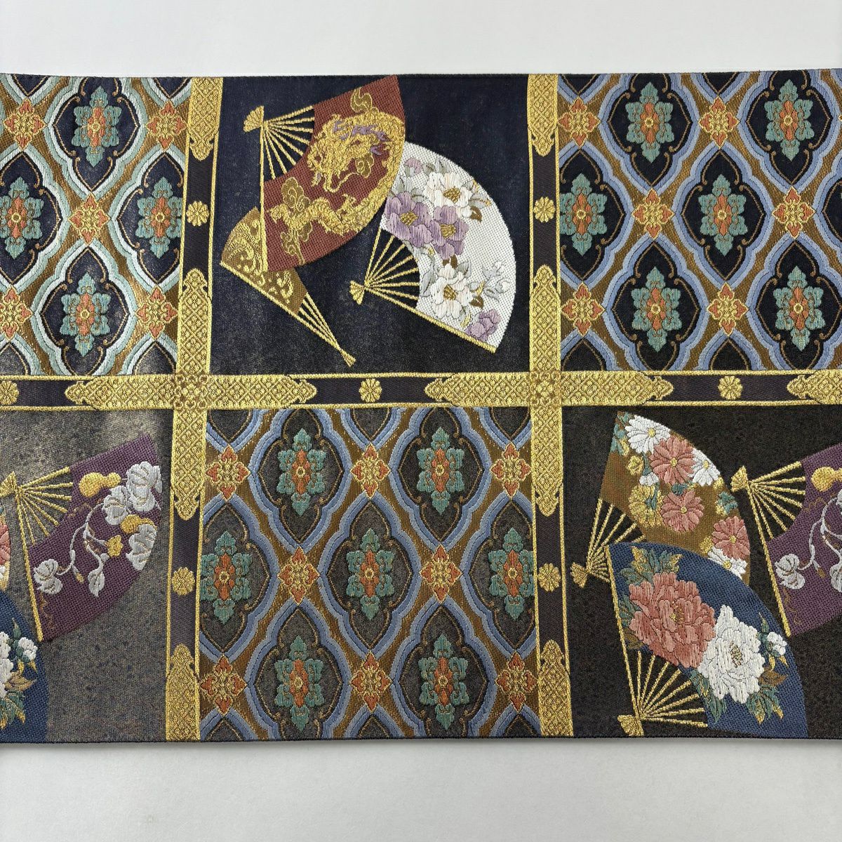 袋帶 秀品級 有落款 扇子子 格天井 金絲 金金箔 青黑 六通 純蠶絲