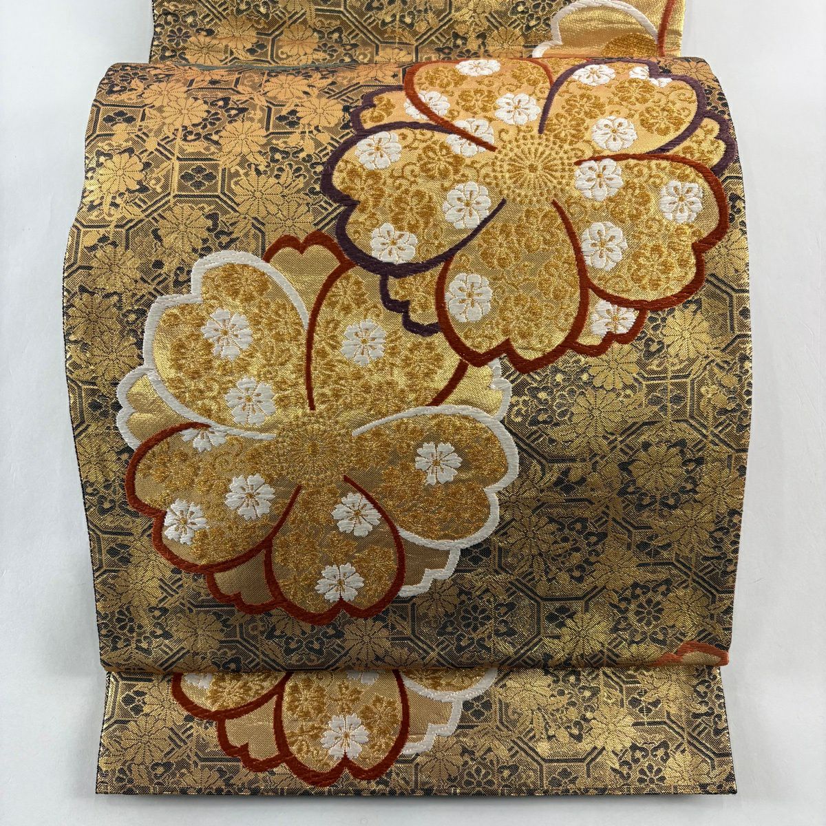 【美品】 袋帶 秀品級櫻花 菊花花 金絲 金金箔 金 六通 純蠶絲