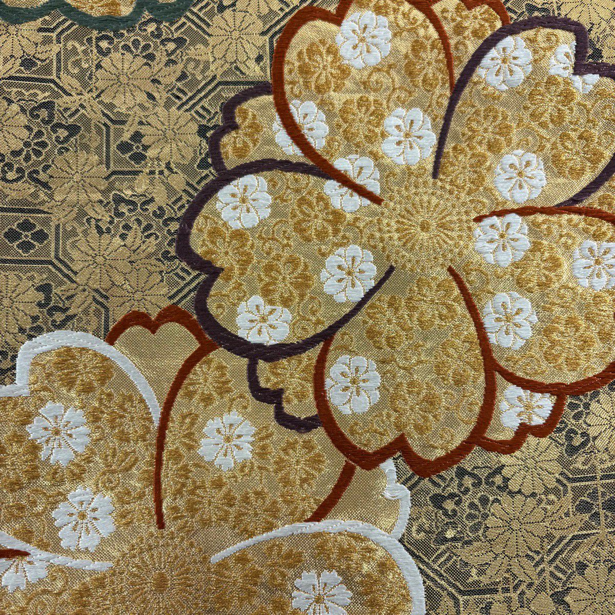 【美品】 袋帶 秀品級櫻花 菊花花 金絲 金金箔 金 六通 純蠶絲