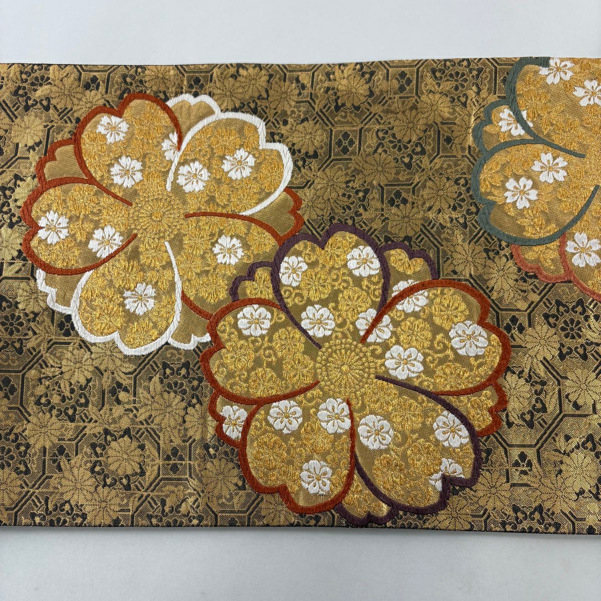 【美品】 袋帶 秀品級櫻花 菊花花 金絲 金金箔 金 六通 純蠶絲