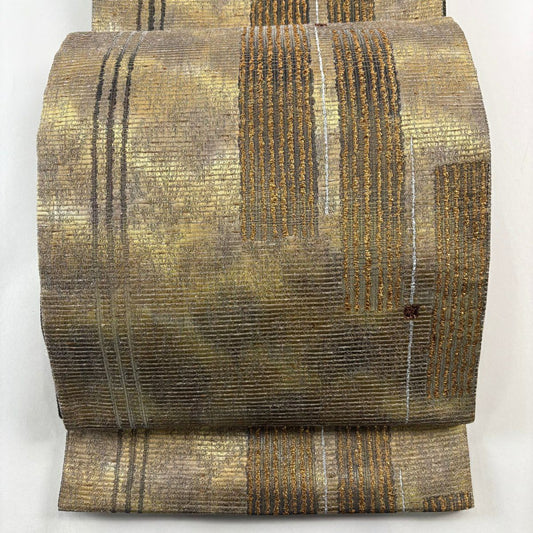 袋帶 秀品級 短冊 縞 金金箔 漸層 茶綠 六通 純蠶絲