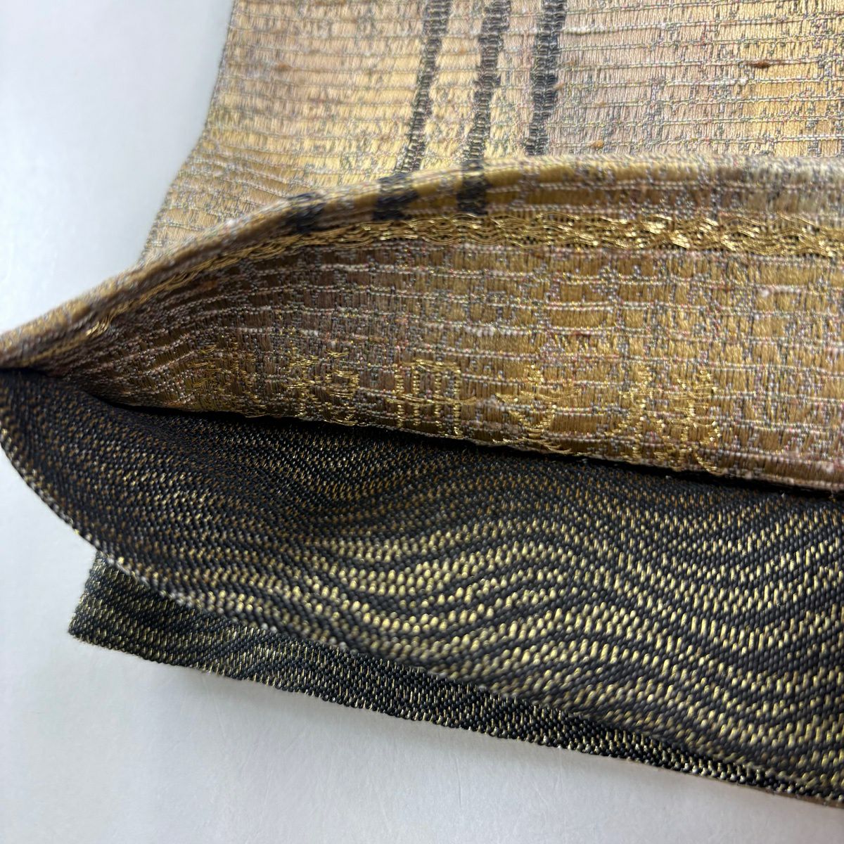 袋帶 秀品級 短冊 縞 金金箔 漸層 茶綠 六通 純蠶絲
