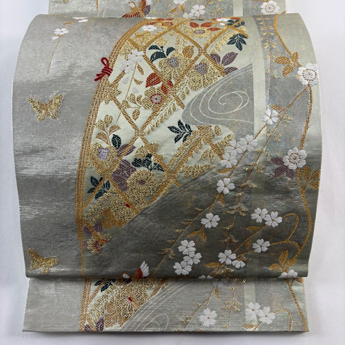 【美品】 袋帶 秀品級 花鳥 光悅垣 唐織 金金箔 淺綠 六通 純蠶絲