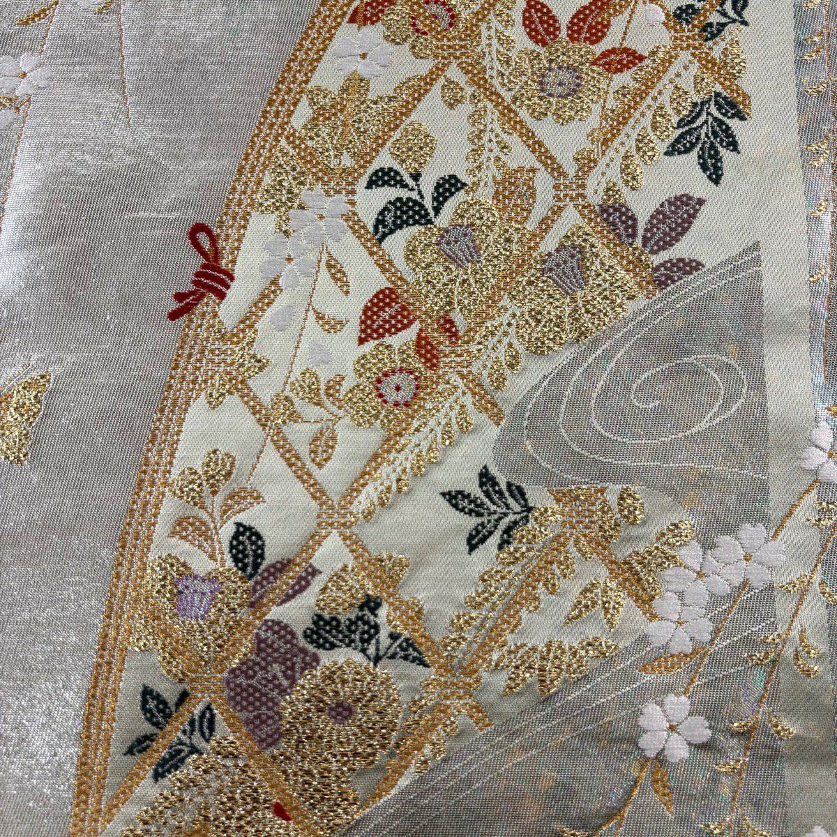 【美品】 袋帶 秀品級 花鳥 光悅垣 唐織 金金箔 淺綠 六通 純蠶絲