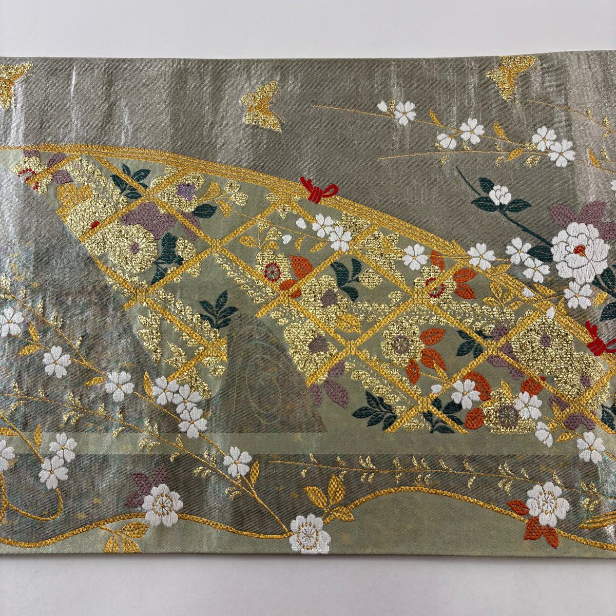 【美品】 袋帶 秀品級 花鳥 光悅垣 唐織 金金箔 淺綠 六通 純蠶絲