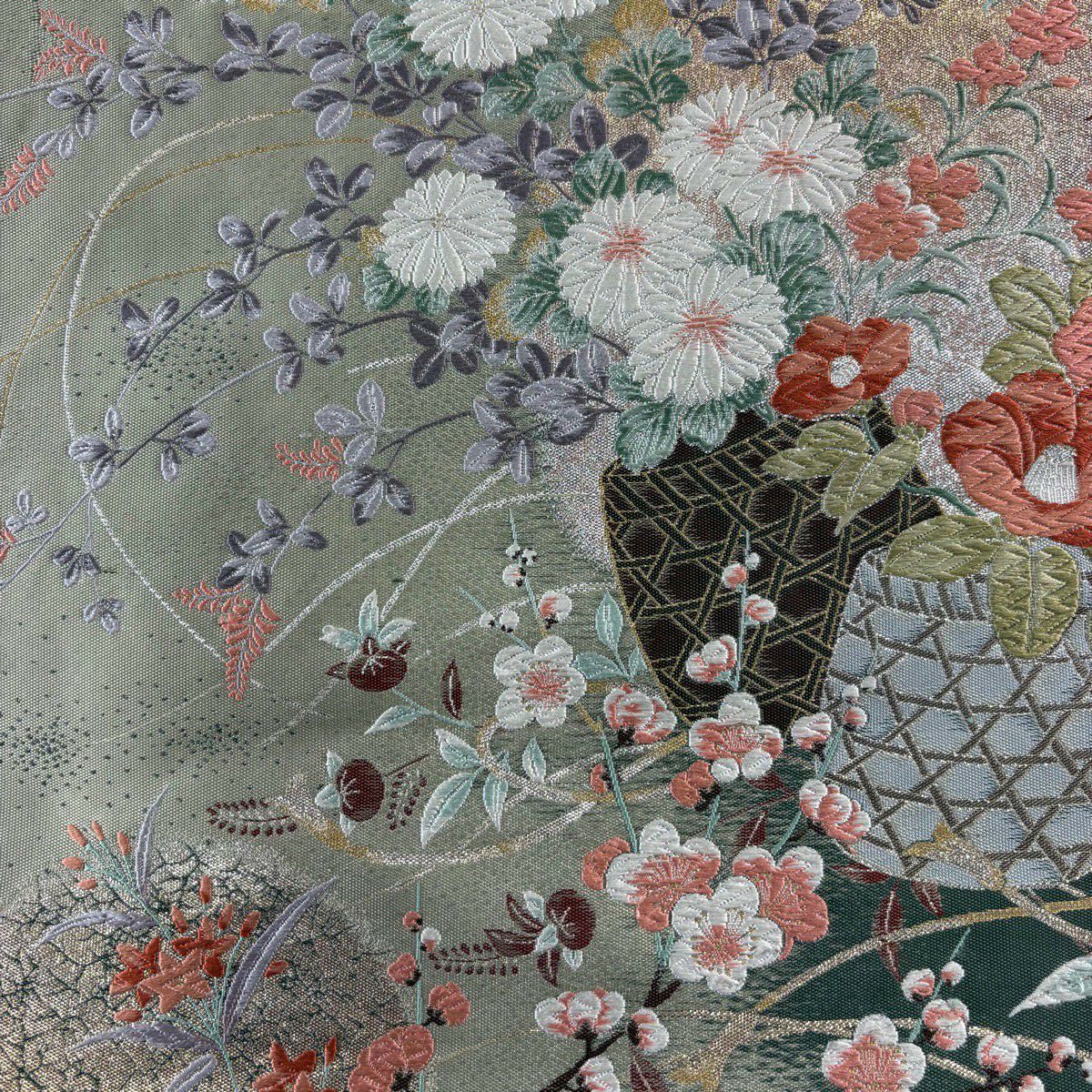 袋帶 秀品級 花籠 菊花 唐織 金金箔 灰綠 六通 純蠶絲