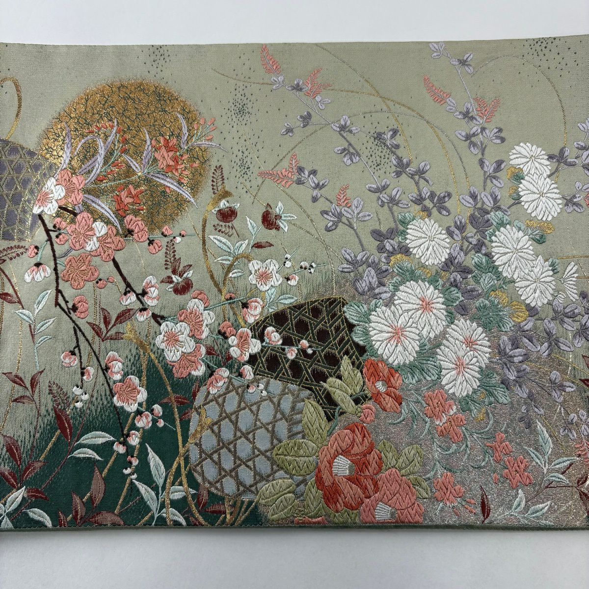 袋帶 秀品級 花籠 菊花 唐織 金金箔 灰綠 六通 純蠶絲