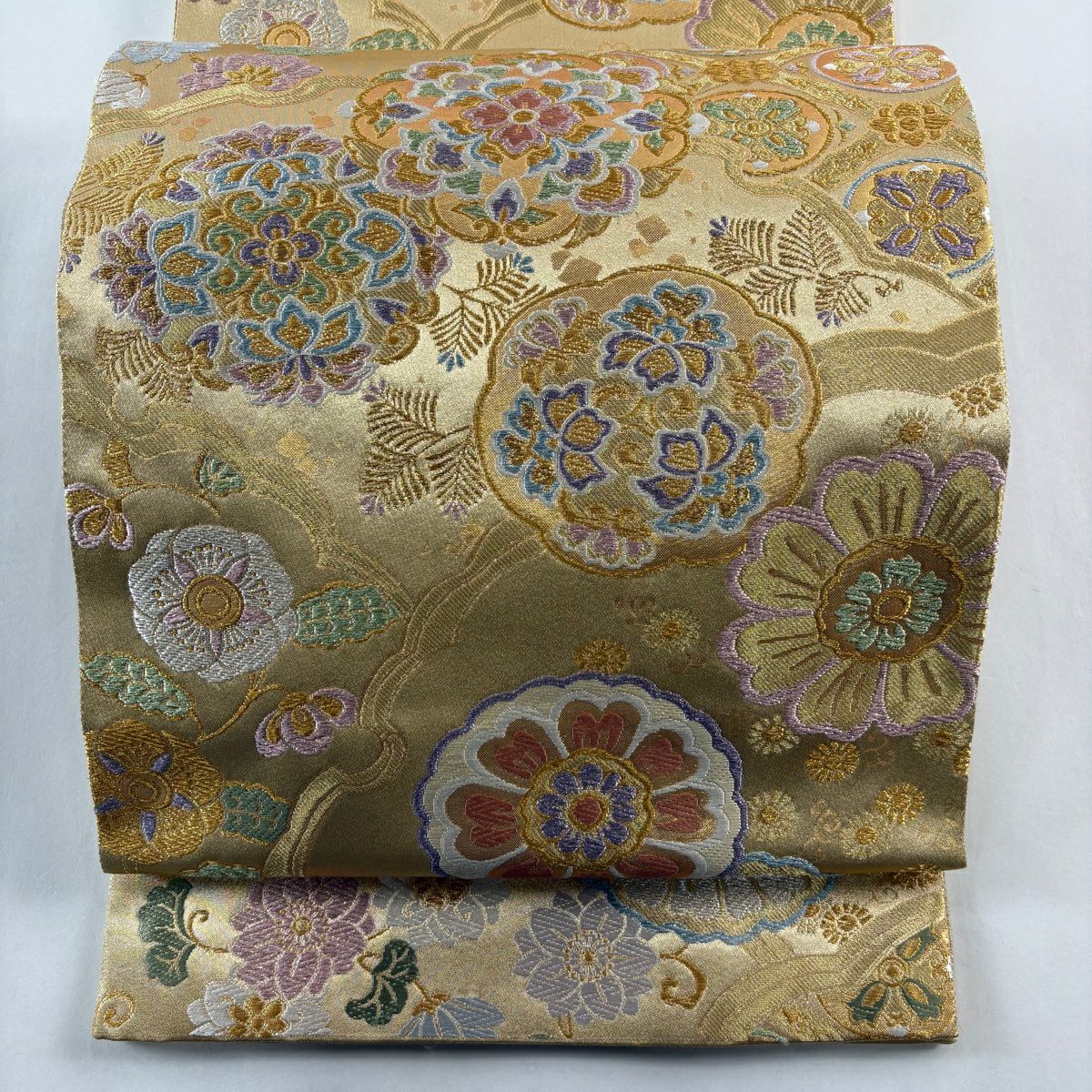 【美品】 袋帶 秀品級 華紋 雪輪 金銀絲 金金箔 金色 六通 純蠶絲