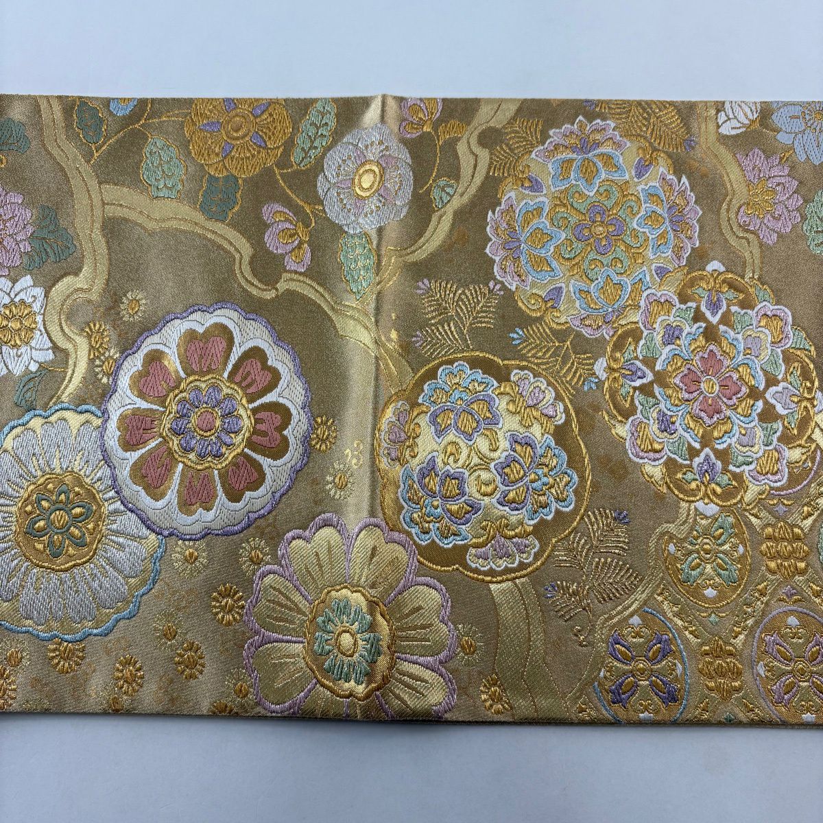 【美品】 袋帶 秀品級 華紋 雪輪 金銀絲 金金箔 金色 六通 純蠶絲