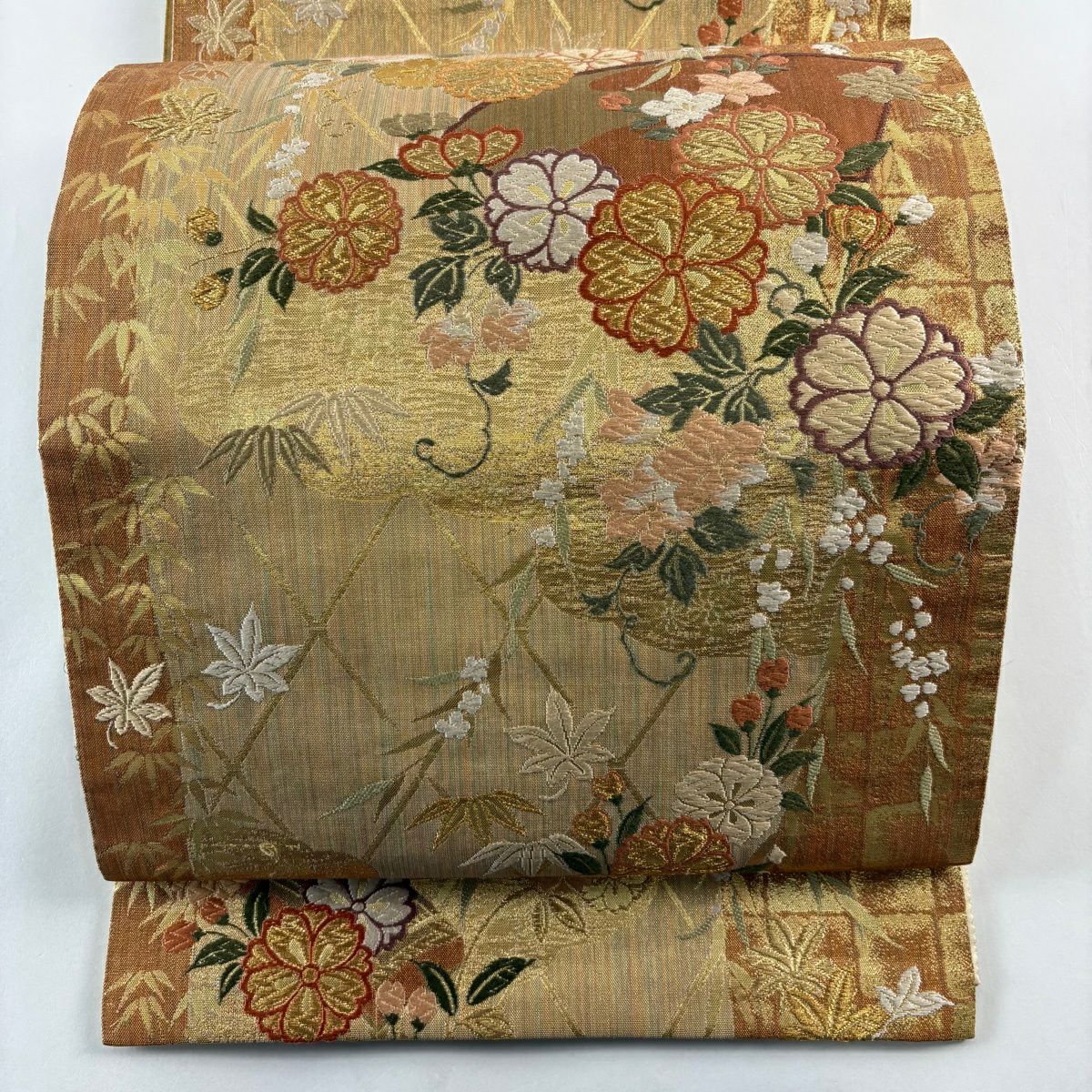 【美品】 袋帶 秀品級 樱花 扇子面 唐織 金金箔 紅茶 六通 純蠶絲