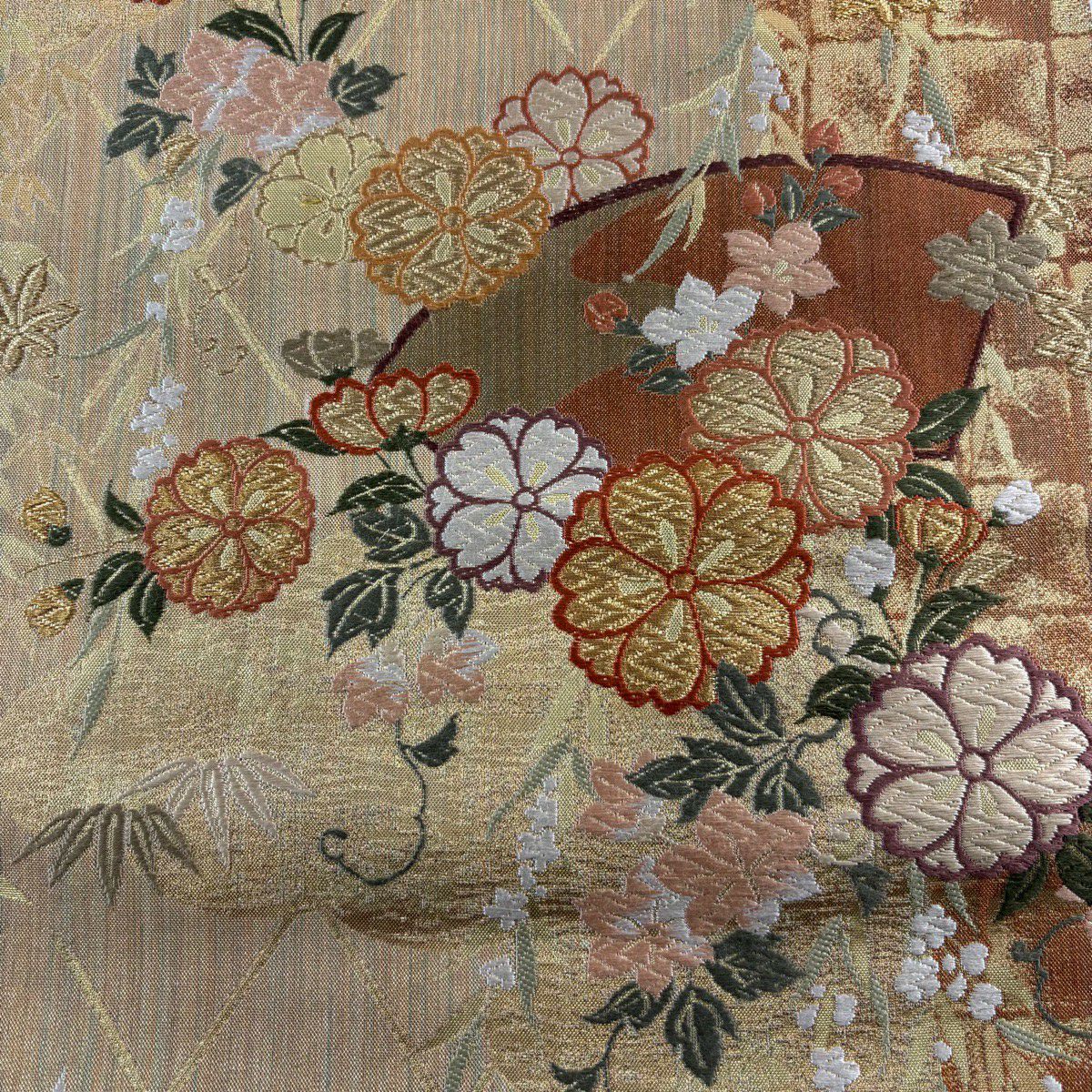 【美品】 袋帶 秀品級 樱花 扇子面 唐織 金金箔 紅茶 六通 純蠶絲