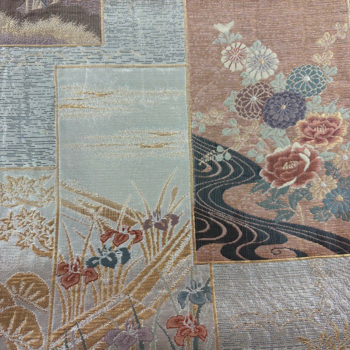 袋帶 秀品級 關西仕立 單層 短冊 草花紋紋 金金箔 薄小豆 六通 純蠶絲