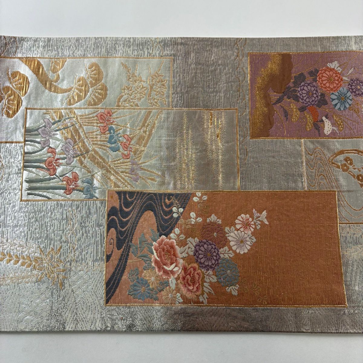 袋帶 秀品級 關西仕立 單層 短冊 草花紋紋 金金箔 薄小豆 六通 純蠶絲