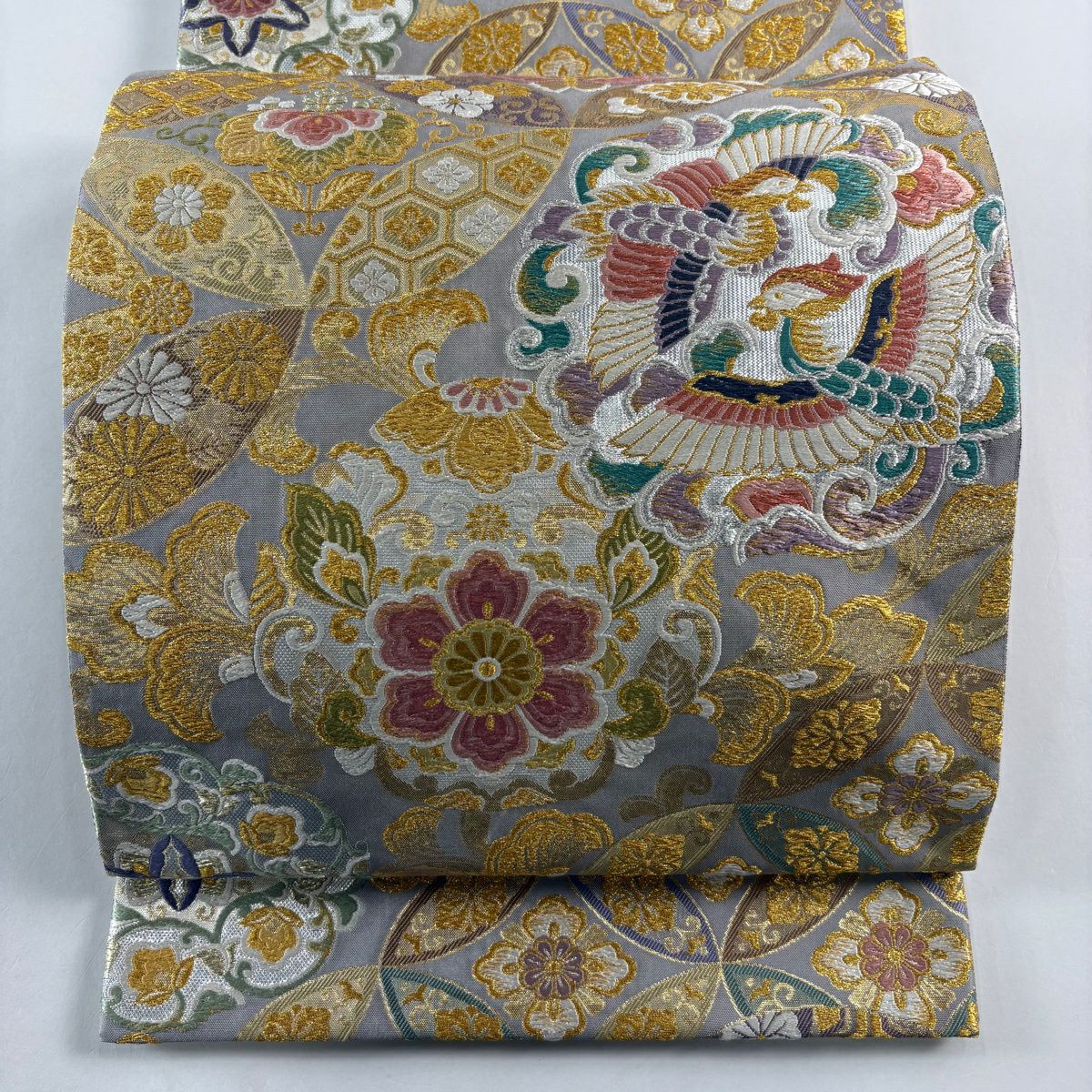 【美品】 袋帶 秀品級 七寶取雙鳥紋 蝶 金金箔 唐織 灰色 六通 純蠶絲