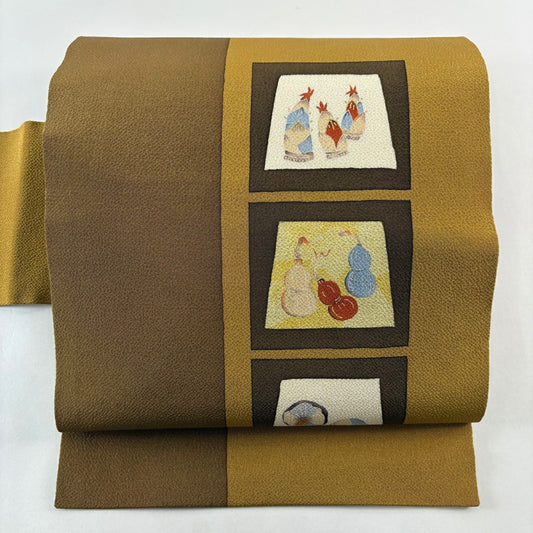 【美品】名古屋帶 優品級 竹子筍 瓢箪 金銀彩 絞織 山吹茶 純蠶絲