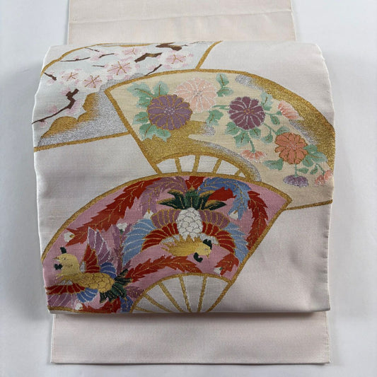 名古屋帶 秀品級 八寸名古屋帶 扇子 花鳥 金銀彩 淺粉色 純蠶絲