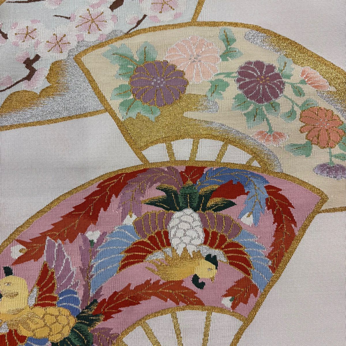名古屋帶 秀品級 八寸名古屋帶 扇子 花鳥 金銀彩 淺粉色 純蠶絲