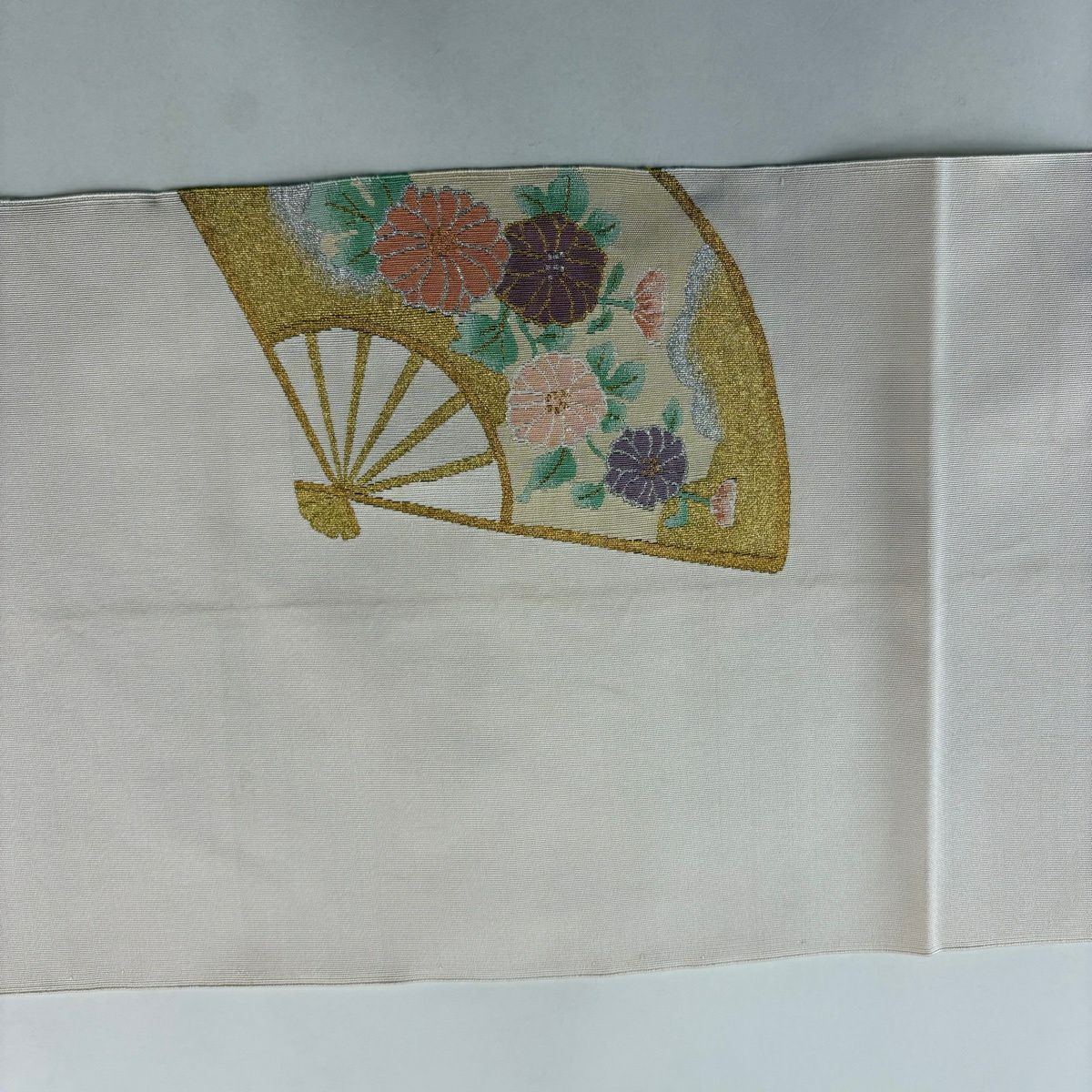 名古屋帶 秀品級 八寸名古屋帶 扇子 花鳥 金銀彩 淺粉色 純蠶絲