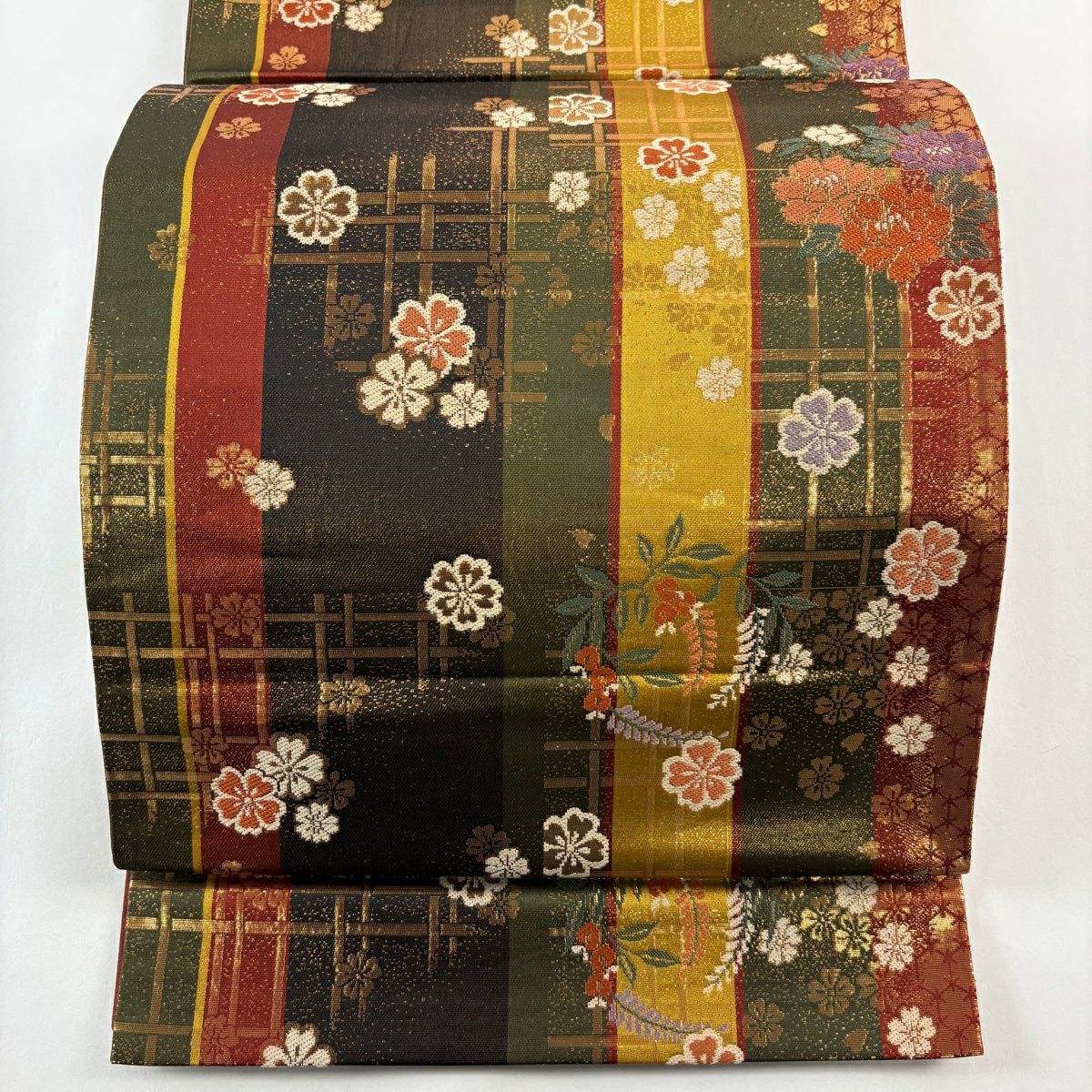 【美品】 袋帶 秀品級 花丸紋櫻 金金箔 茶綠 六通 純蠶絲