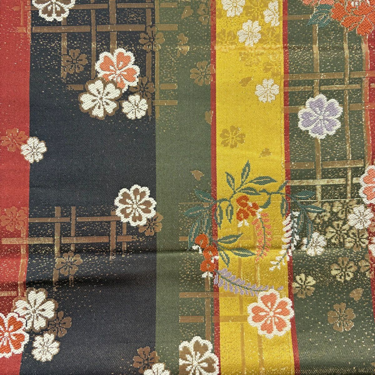 【美品】 袋帶 秀品級 花丸紋櫻 金金箔 茶綠 六通 純蠶絲