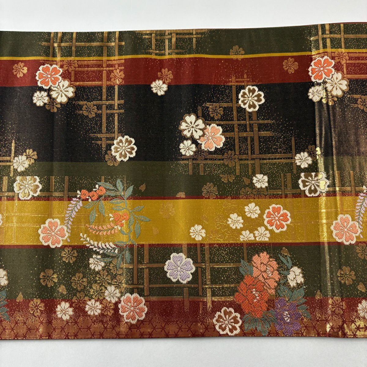【美品】 袋帶 秀品級 花丸紋櫻 金金箔 茶綠 六通 純蠶絲